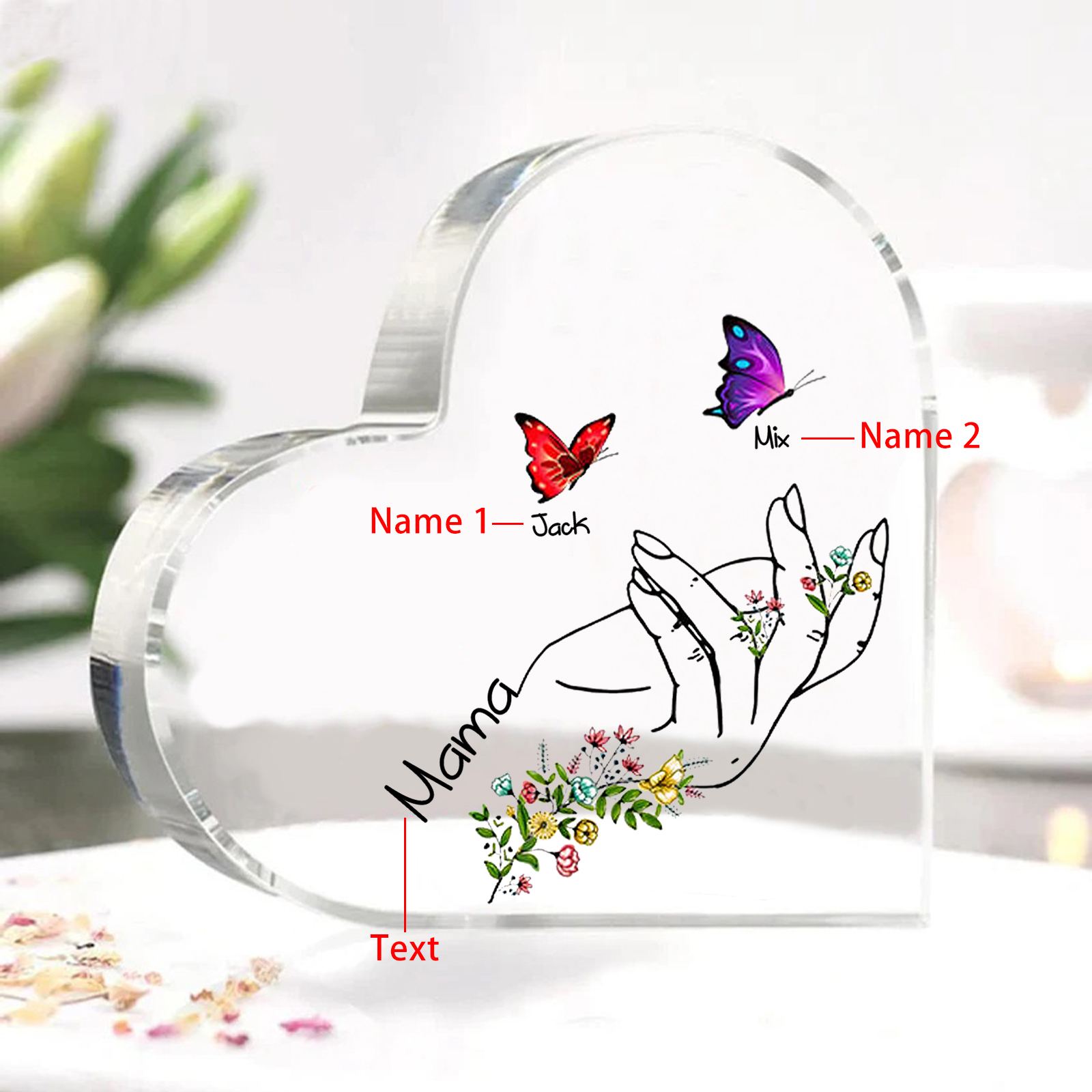 Personalised 2 Names&1Text Heart-Shaped Acrylic Plaque – Custom Butterfly & Floral Hand Design Gift for Mum/Nan | Jessemade