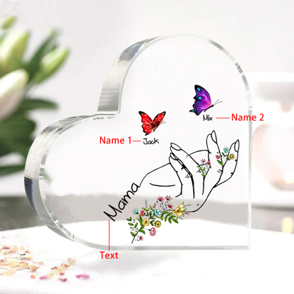 Personalised 2 Names&1Text Heart-Shaped Acrylic Plaque – Custom Butterfly & Floral Hand Design Gift for Mum/Nan | Jessemade