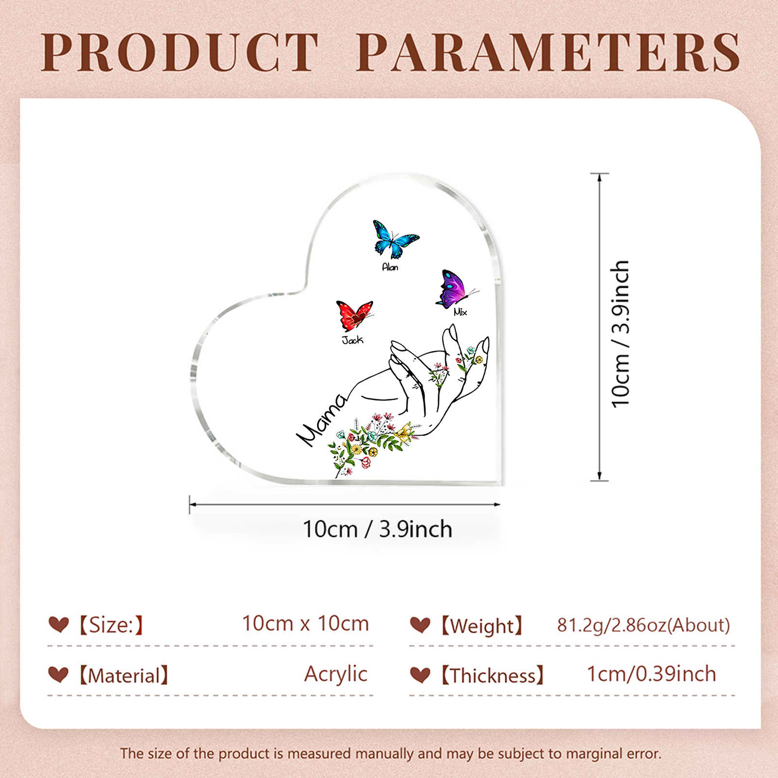 Personalised 3 Names&1Text Heart-Shaped Acrylic Plaque – Custom Butterfly & Floral Hand Design Gift for Mum/Nan | Jessemade