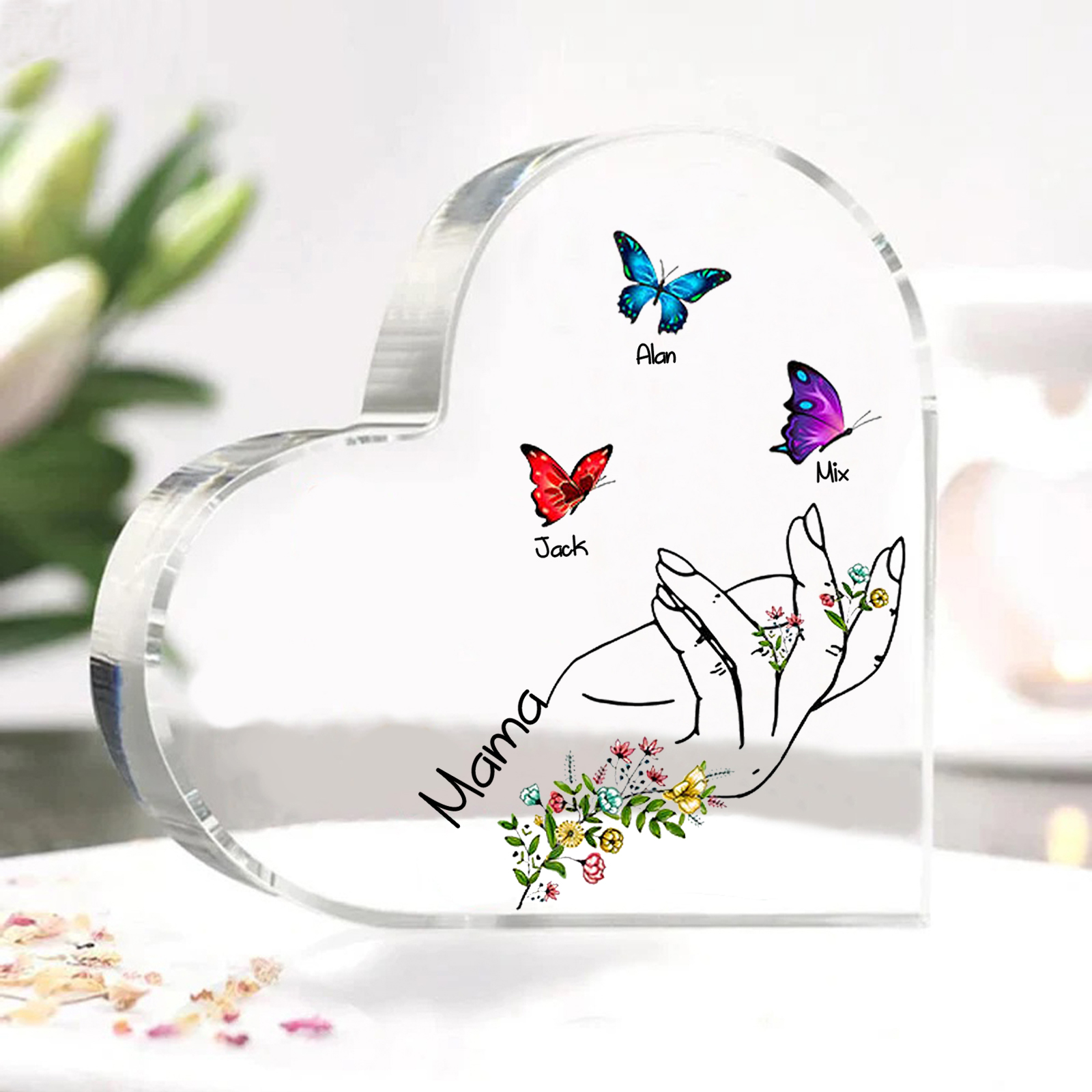Personalised 3 Names&1Text Heart-Shaped Acrylic Plaque – Custom Butterfly & Floral Hand Design Gift for Mum/Nan | Jessemade