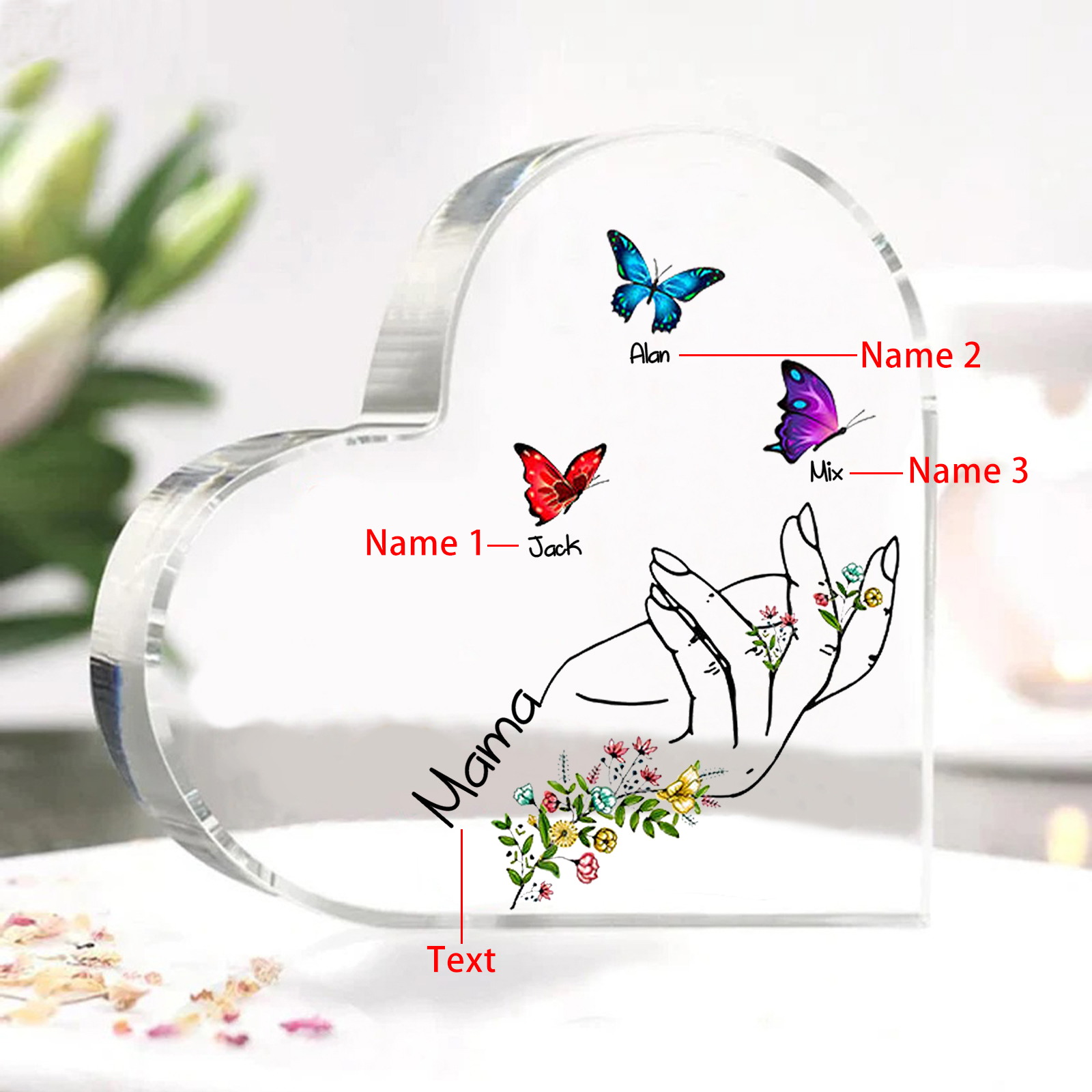 Personalised 3 Names&1Text Heart-Shaped Acrylic Plaque – Custom Butterfly & Floral Hand Design Gift for Mum/Nan | Jessemade