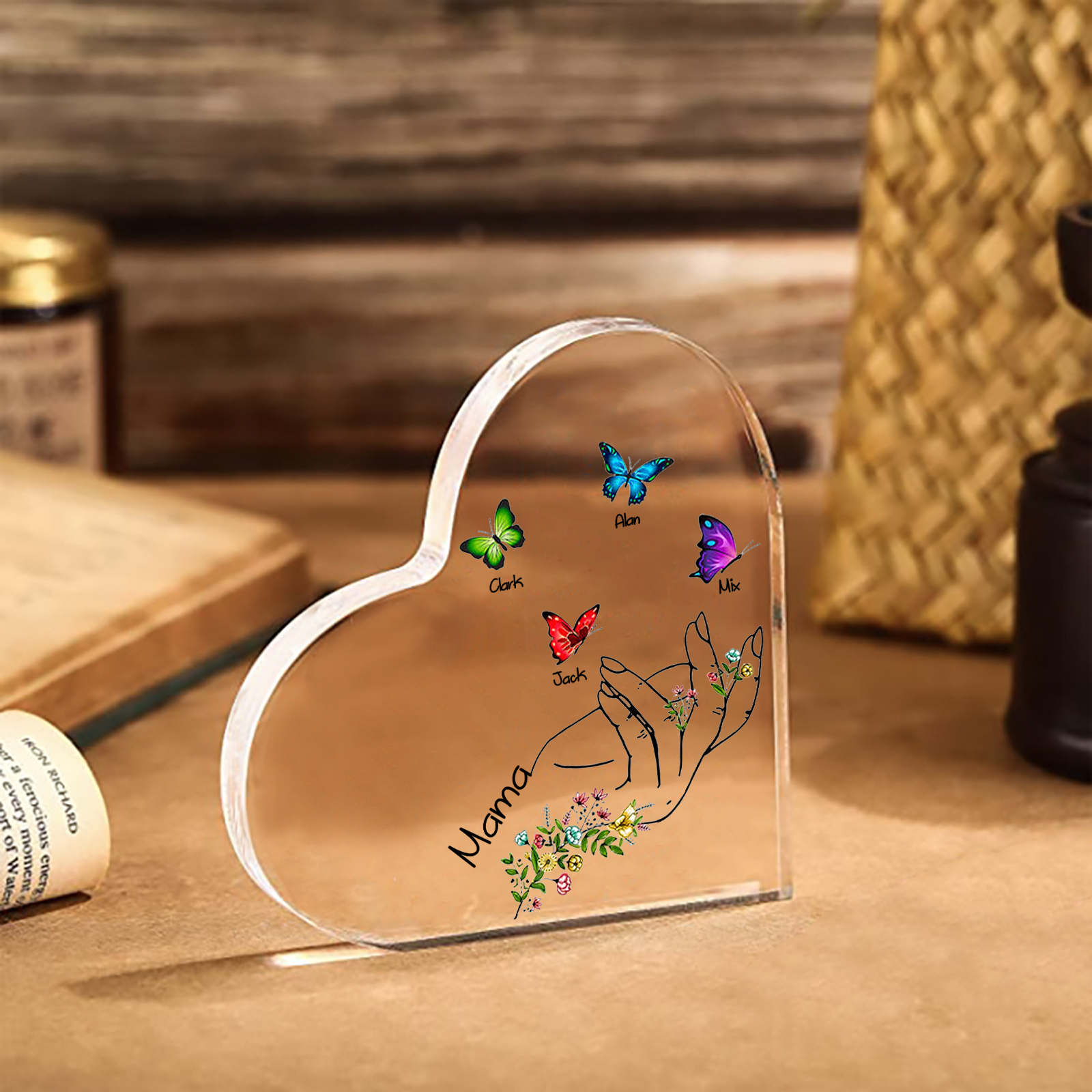 Personalised 4 Names&1Text Heart-Shaped Acrylic Plaque – Custom Butterfly & Floral Hand Design Gift for Mum/Nan | Jessemade