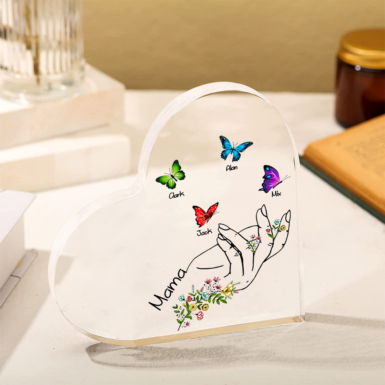 Personalised 4 Names&1Text Heart-Shaped Acrylic Plaque – Custom Butterfly & Floral Hand Design Gift for Mum/Nan | Jessemade