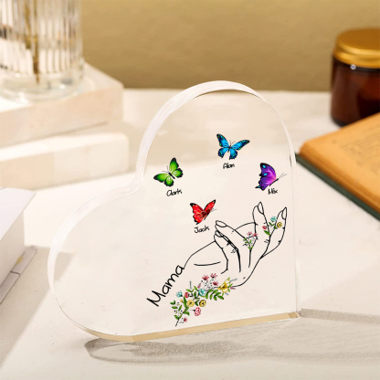 Personalised 4 Names&1Text Heart-Shaped Acrylic Plaque – Custom Butterfly & Floral Hand Design Gift for Mum/Nan | Jessemade