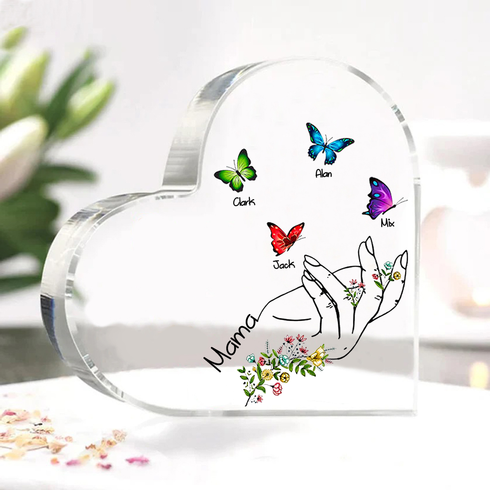 Personalised 4 Names&1Text Heart-Shaped Acrylic Plaque – Custom Butterfly & Floral Hand Design Gift for Mum/Nan | Jessemade