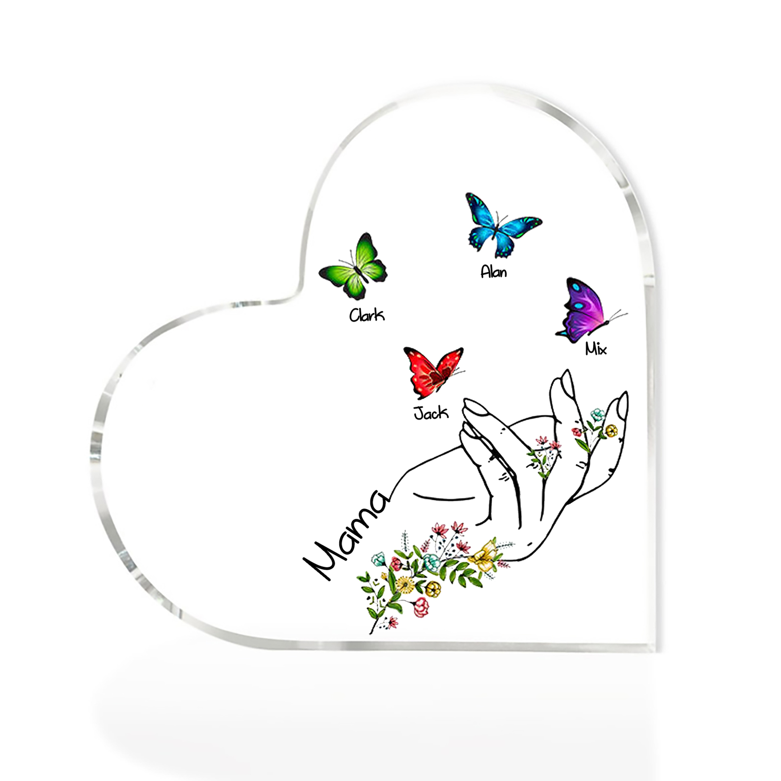 Personalised 4 Names&1Text Heart-Shaped Acrylic Plaque – Custom Butterfly & Floral Hand Design Gift for Mum/Nan | Jessemade