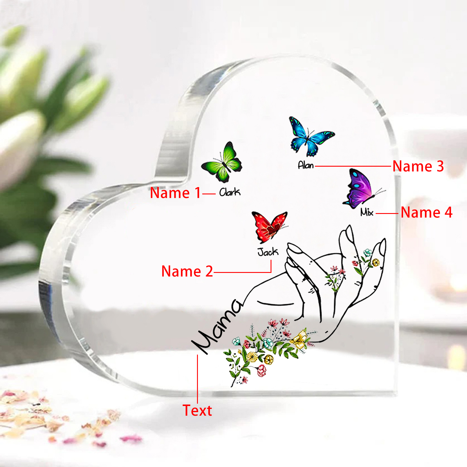Personalised 4 Names&1Text Heart-Shaped Acrylic Plaque – Custom Butterfly & Floral Hand Design Gift for Mum/Nan | Jessemade