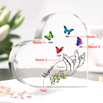 Personalised 4 Names&1Text Heart-Shaped Acrylic Plaque – Custom Butterfly & Floral Hand Design Gift for Mum/Nan | Jessemade