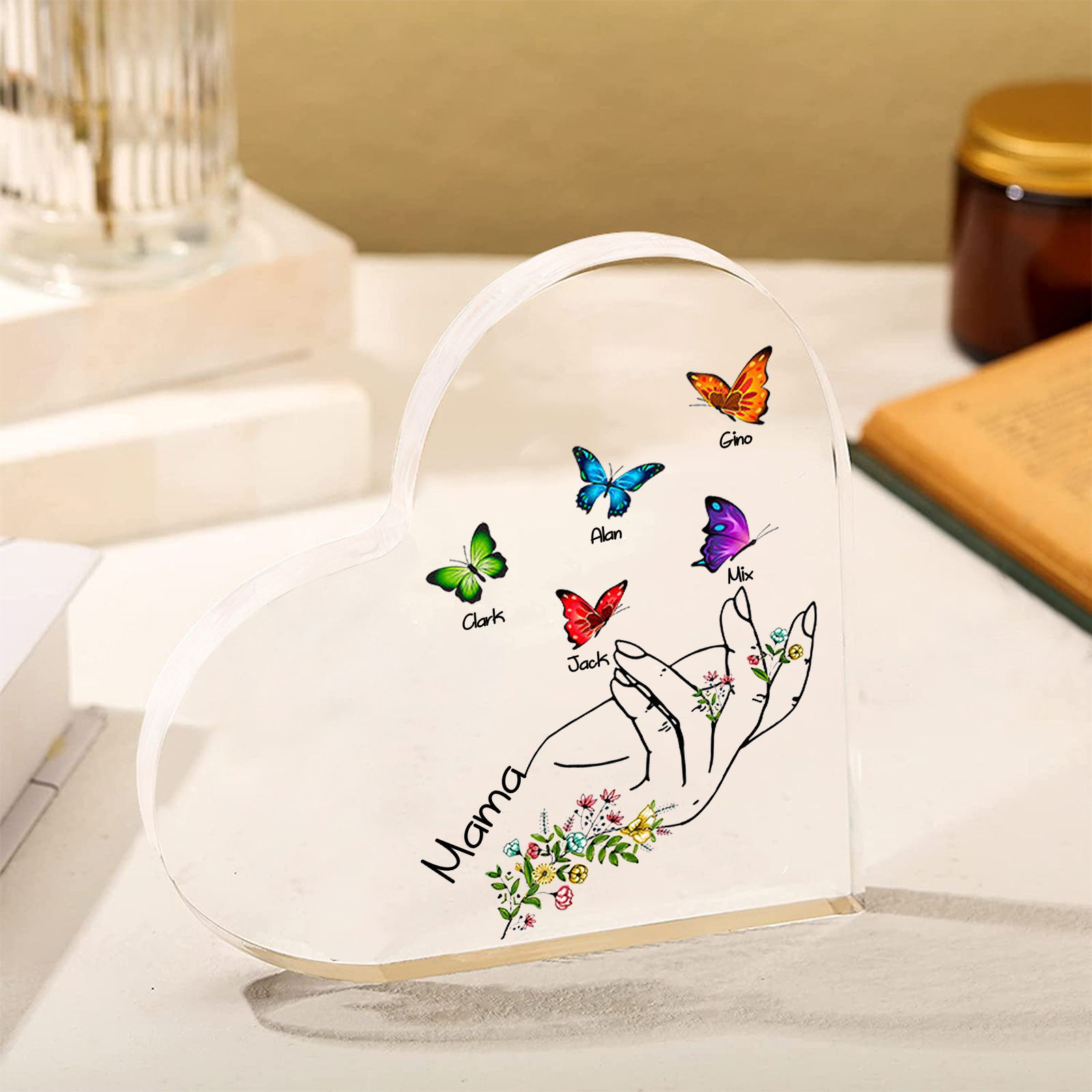 Personalised 5 Names&1Text Heart-Shaped Acrylic Plaque – Custom Butterfly & Floral Hand Design Gift for Mum/Nan | Jessemade