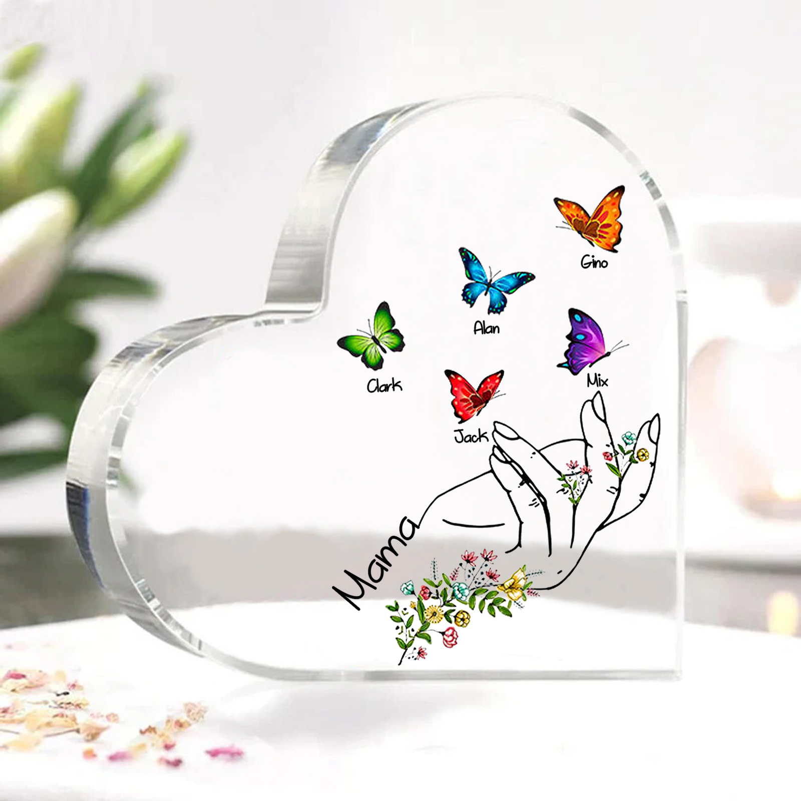 Personalised 5 Names&1Text Heart-Shaped Acrylic Plaque – Custom Butterfly & Floral Hand Design Gift for Mum/Nan | Jessemade