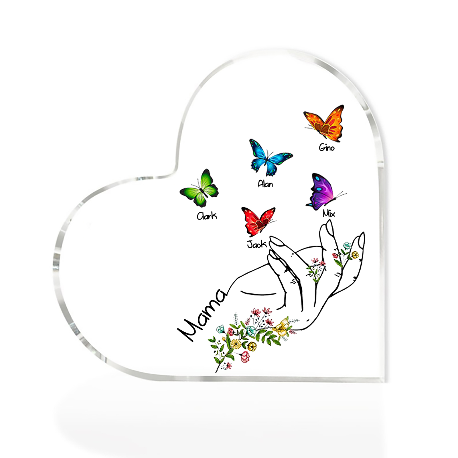Personalised 5 Names&1Text Heart-Shaped Acrylic Plaque – Custom Butterfly & Floral Hand Design Gift for Mum/Nan | Jessemade
