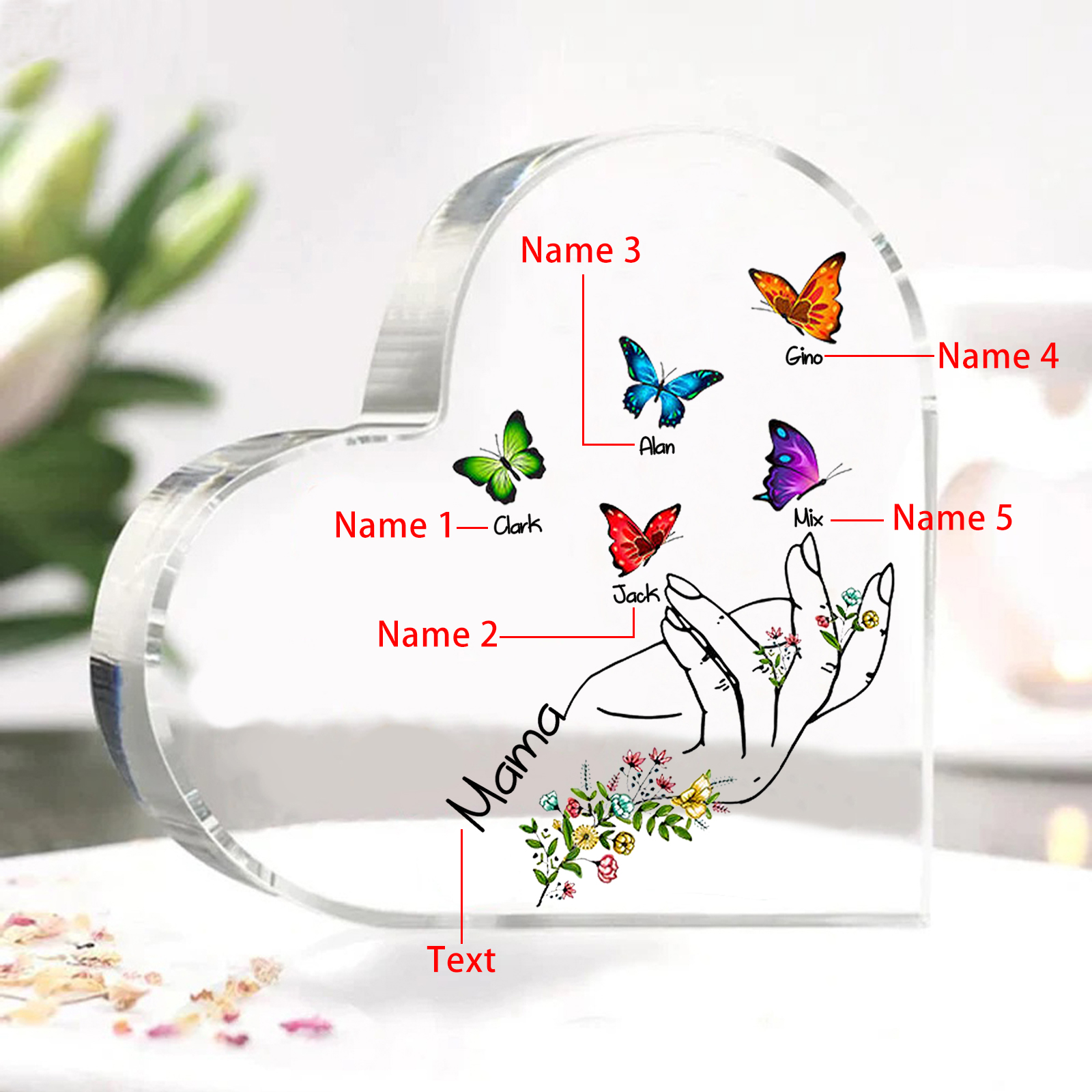 Personalised 5 Names&1Text Heart-Shaped Acrylic Plaque – Custom Butterfly & Floral Hand Design Gift for Mum/Nan | Jessemade