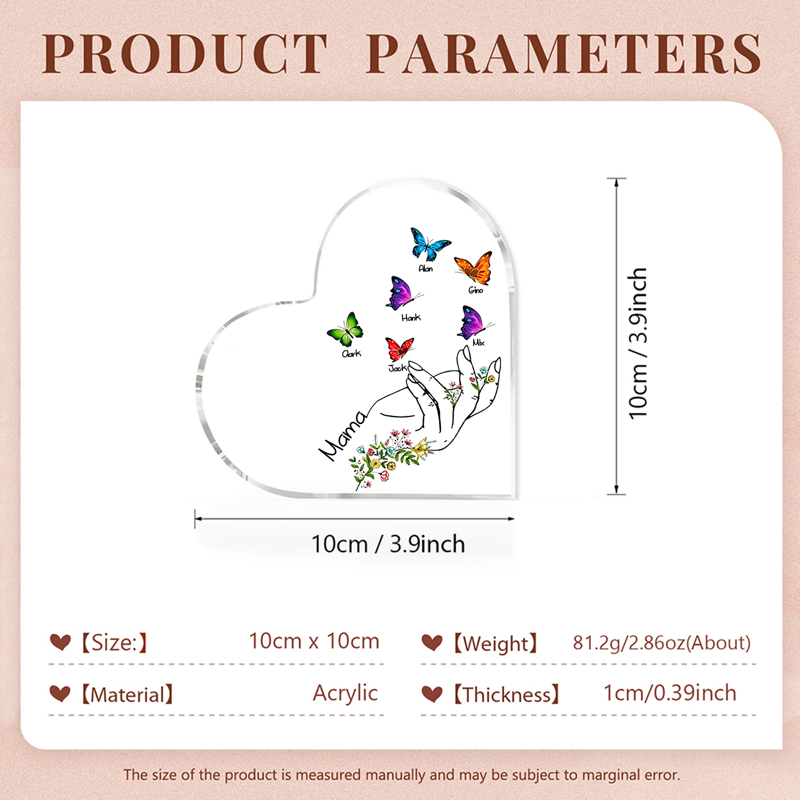 Personalised 6 Names&1Text Heart-Shaped Acrylic Plaque – Custom Butterfly & Floral Hand Design Gift for Mum/Nan | Jessemade