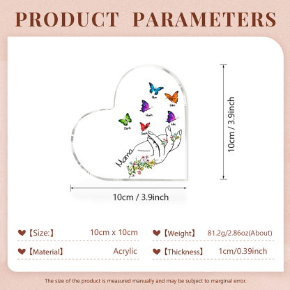 Personalised 6 Names&1Text Heart-Shaped Acrylic Plaque – Custom Butterfly & Floral Hand Design Gift for Mum/Nan | Jessemade