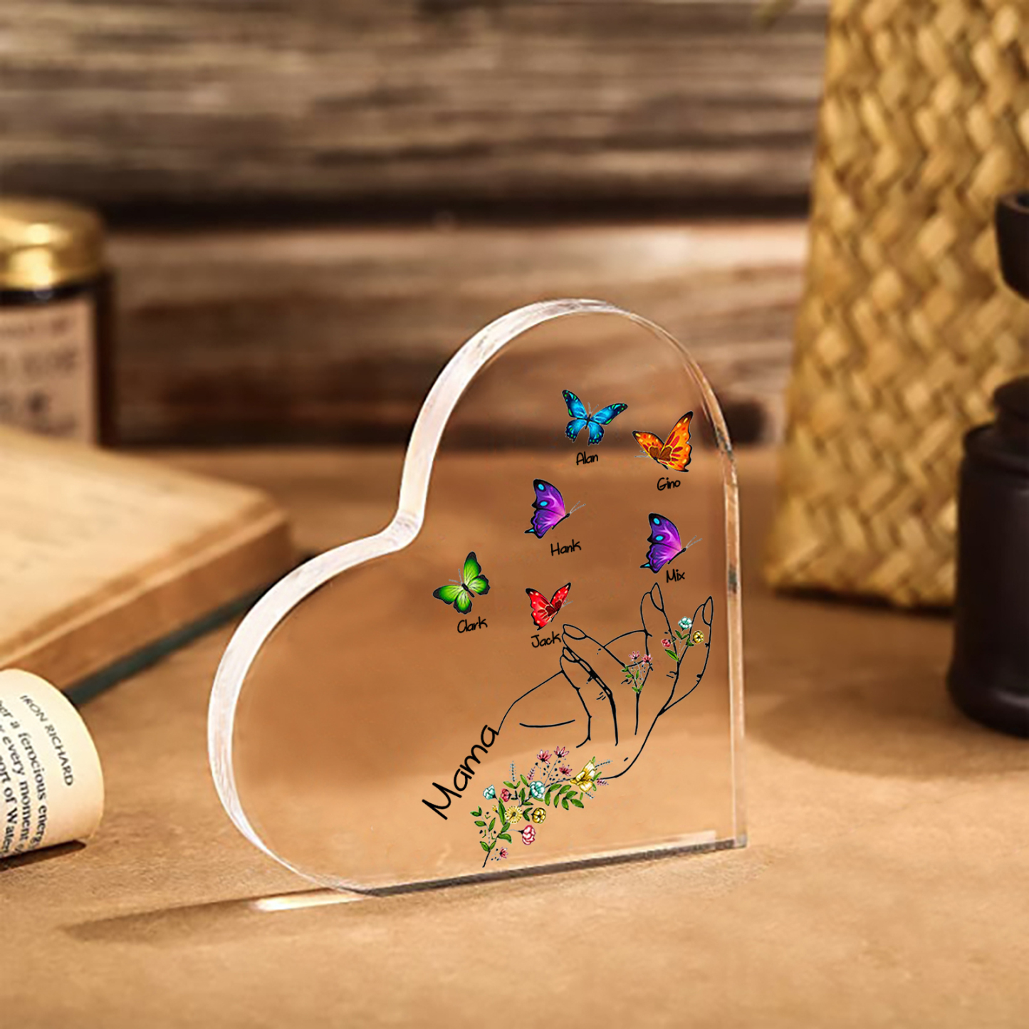 Personalised 6 Names&1Text Heart-Shaped Acrylic Plaque – Custom Butterfly & Floral Hand Design Gift for Mum/Nan | Jessemade