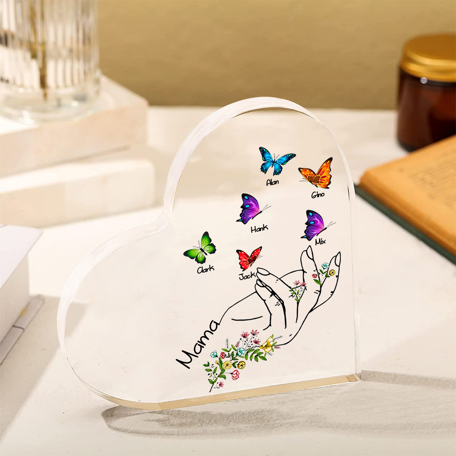 Personalised 6 Names&1Text Heart-Shaped Acrylic Plaque – Custom Butterfly & Floral Hand Design Gift for Mum/Nan | Jessemade