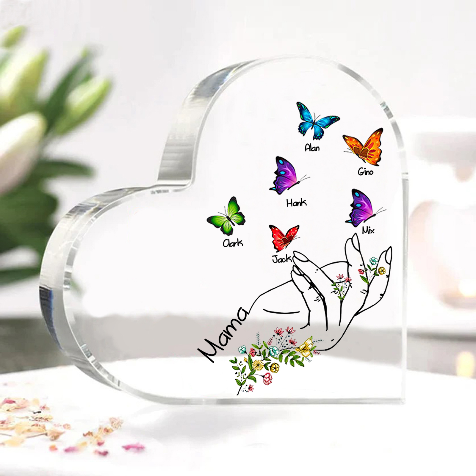 Personalised 5 Names&1Text Heart-Shaped Acrylic Plaque – Custom Butter