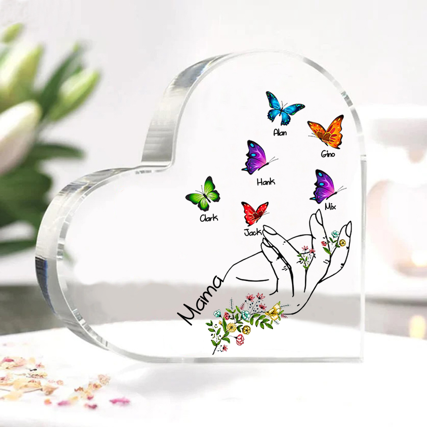 Personalised 5 Names&1Text Heart-Shaped Acrylic Plaque – Custom Butter