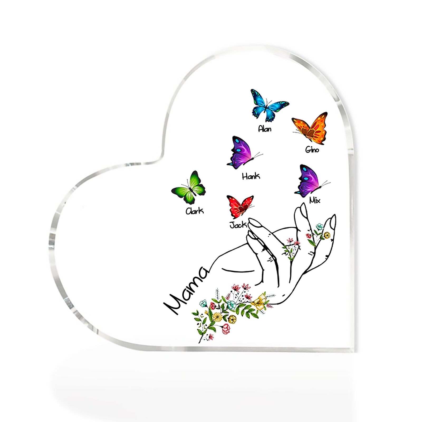 Personalised 6 Names&1Text Heart-Shaped Acrylic Plaque – Custom Butterfly & Floral Hand Design Gift for Mum/Nan | Jessemade