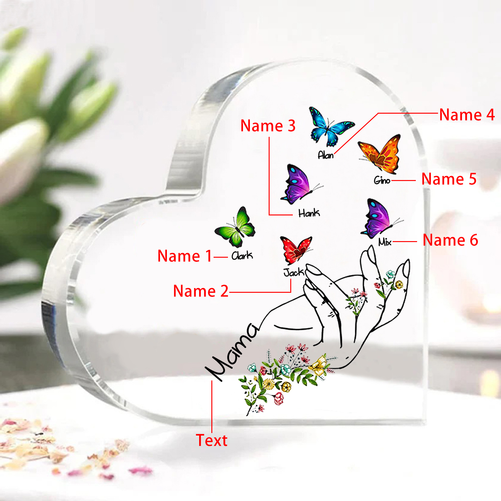 Personalised 6 Names&1Text Heart-Shaped Acrylic Plaque – Custom Butterfly & Floral Hand Design Gift for Mum/Nan | Jessemade