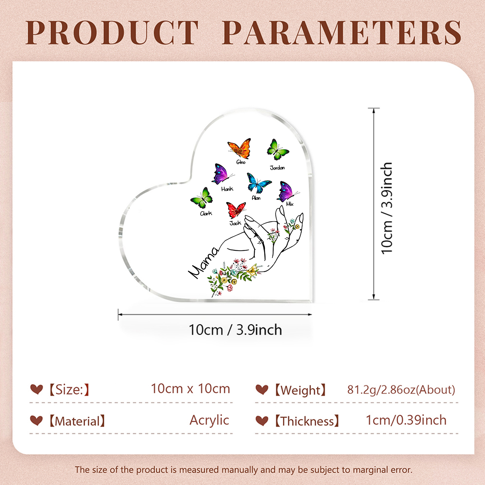 Personalised 7 Names&1Text Heart-Shaped Acrylic Plaque – Custom Butterfly & Floral Hand Design Gift for Mum/Nan | Jessemade
