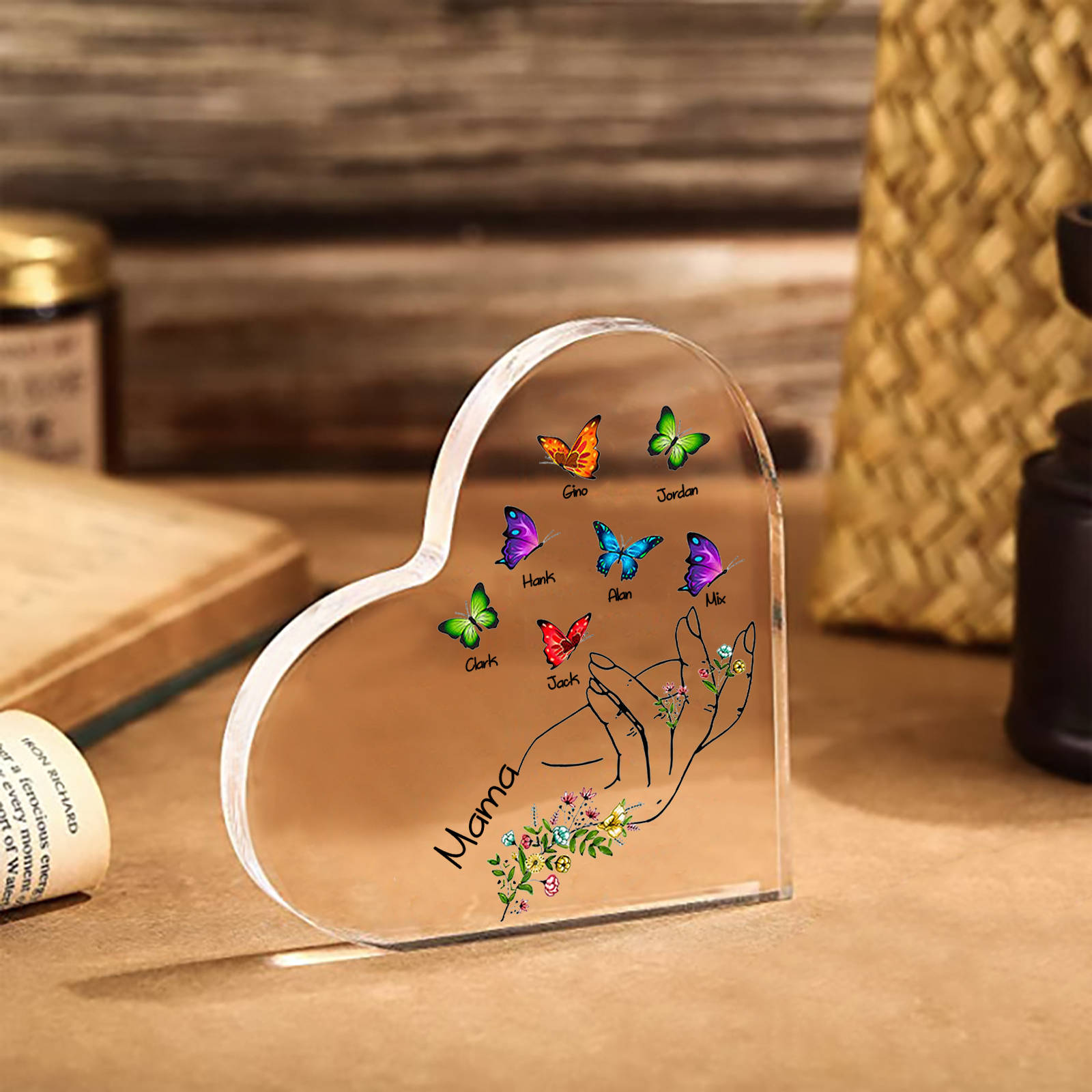 Personalised 7 Names&1Text Heart-Shaped Acrylic Plaque – Custom Butterfly & Floral Hand Design Gift for Mum/Nan | Jessemade