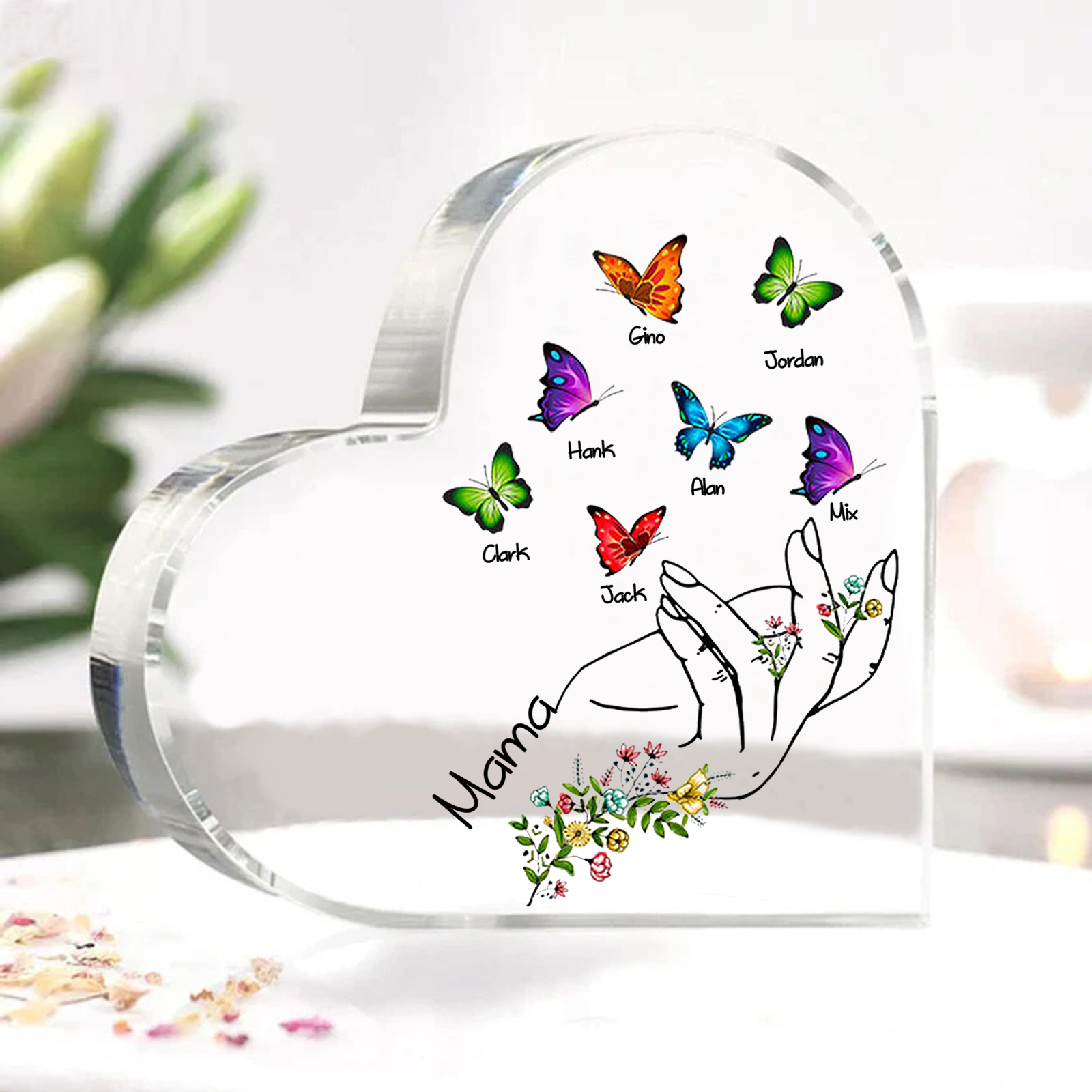 Personalised 7 Names&1Text Heart-Shaped Acrylic Plaque – Custom Butterfly & Floral Hand Design Gift for Mum/Nan | Jessemade