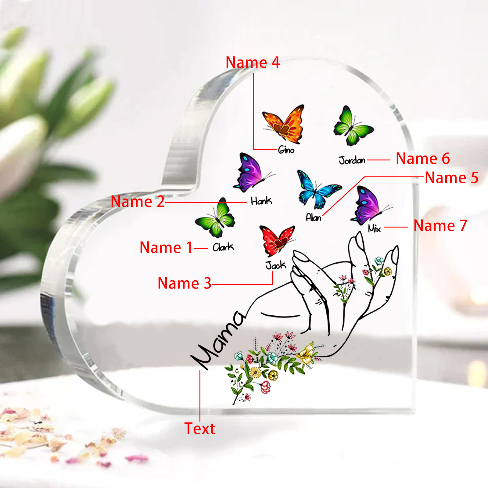 Personalised 7 Names&1Text Heart-Shaped Acrylic Plaque – Custom Butterfly & Floral Hand Design Gift for Mum/Nan | Jessemade