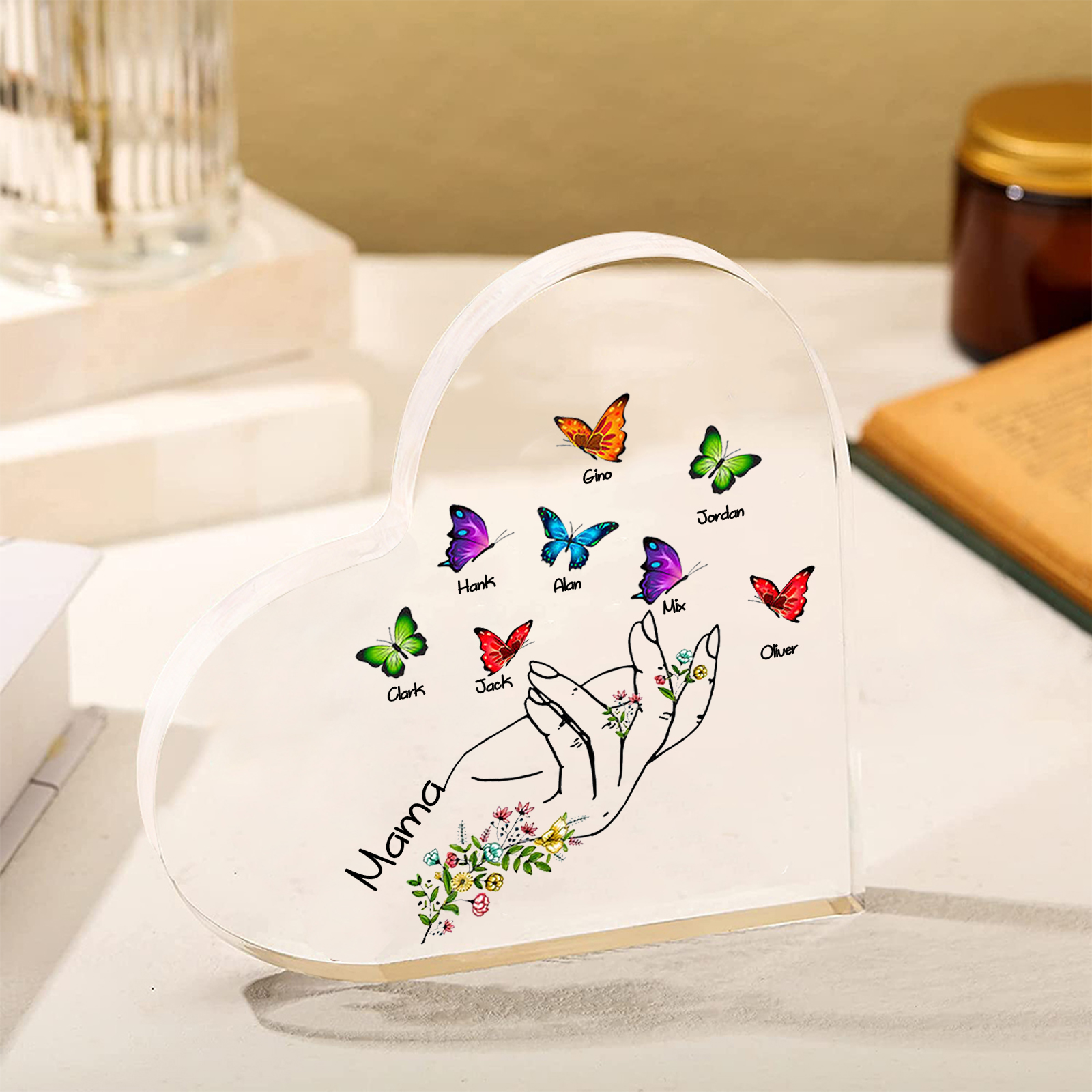 Personalised 8 Names&1Text Heart-Shaped Acrylic Plaque – Custom Butterfly & Floral Hand Design Gift for Mum/Nan | Jessemade