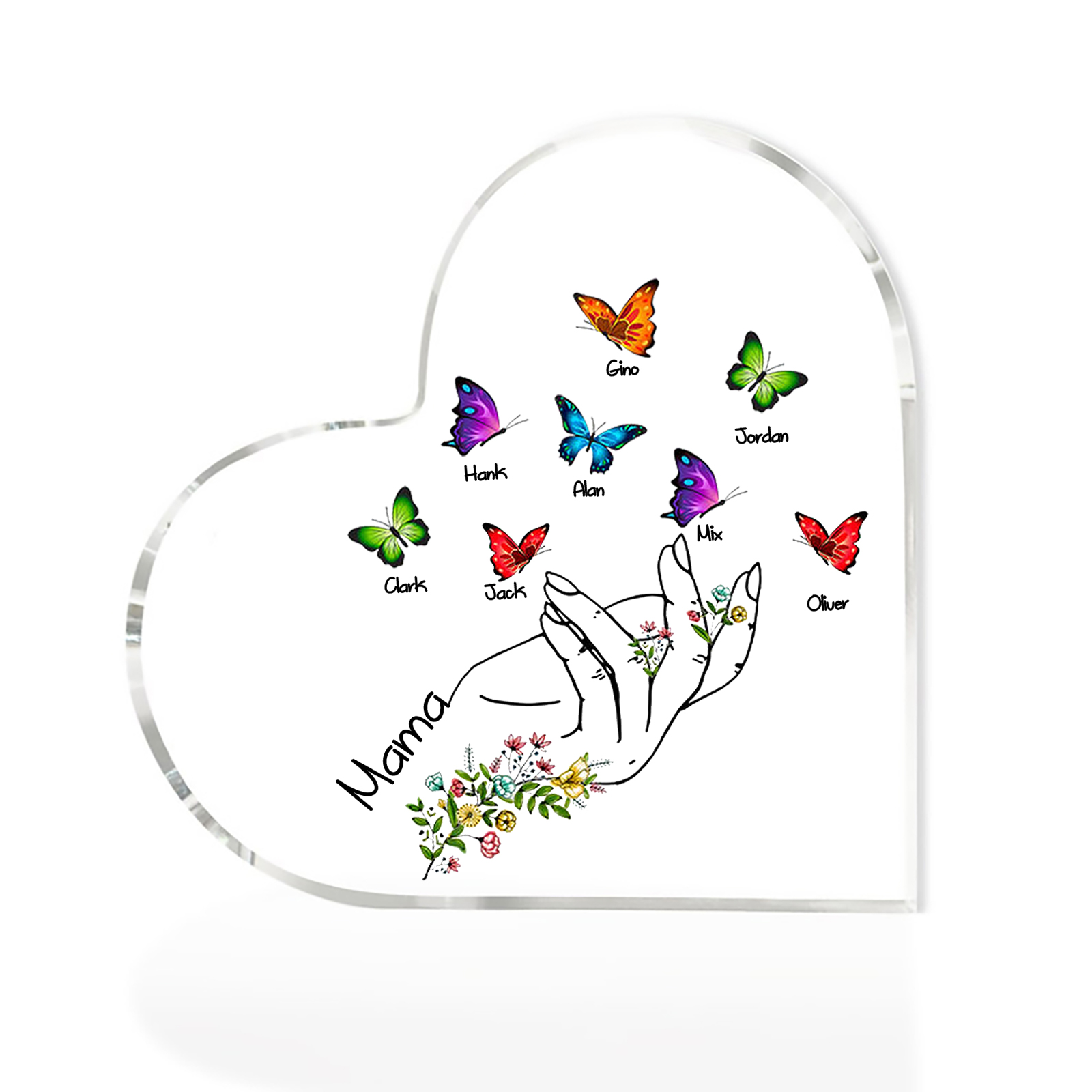Personalised 8 Names&1Text Heart-Shaped Acrylic Plaque – Custom Butterfly & Floral Hand Design Gift for Mum/Nan | Jessemade