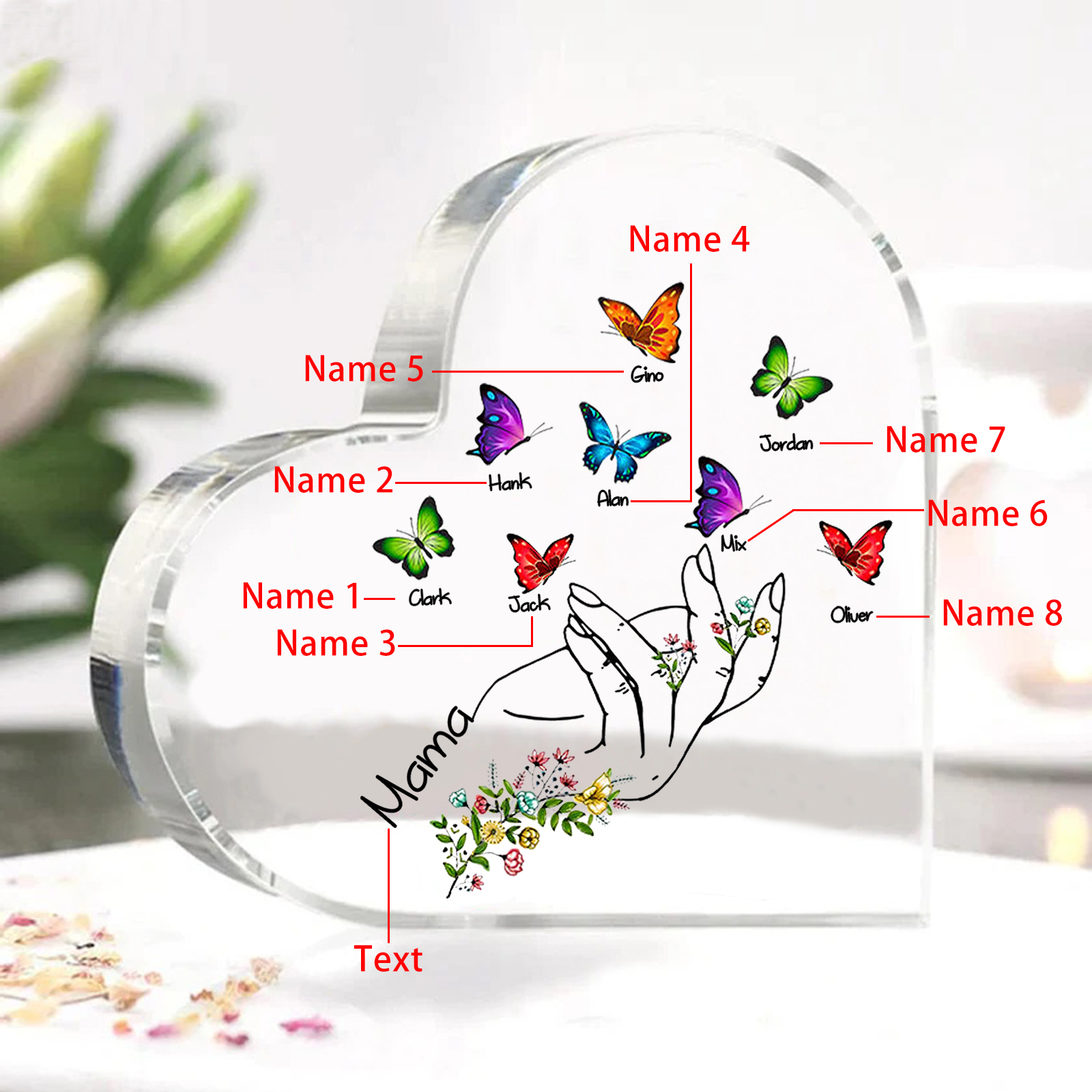 Personalised 8 Names&1Text Heart-Shaped Acrylic Plaque – Custom Butterfly & Floral Hand Design Gift for Mum/Nan | Jessemade