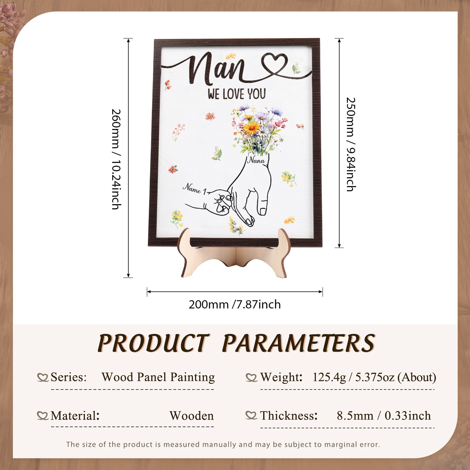  Custom Wooden Hand-in-Hand Plaque for Mum – Personalised Mother's Day Gift with Names & Flowers | Jessemade