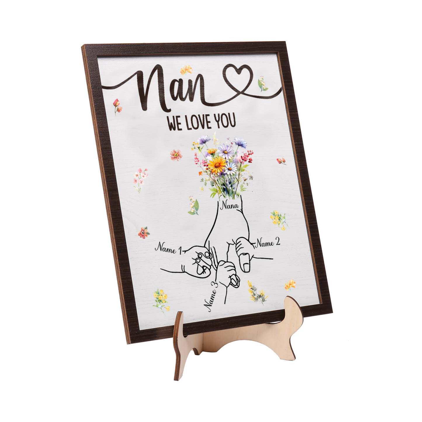 Custom Wooden Hand-in-Hand Plaque for Mum – Personalised Mother's Day Gift with 1 Text & 3 Names | Jessemade