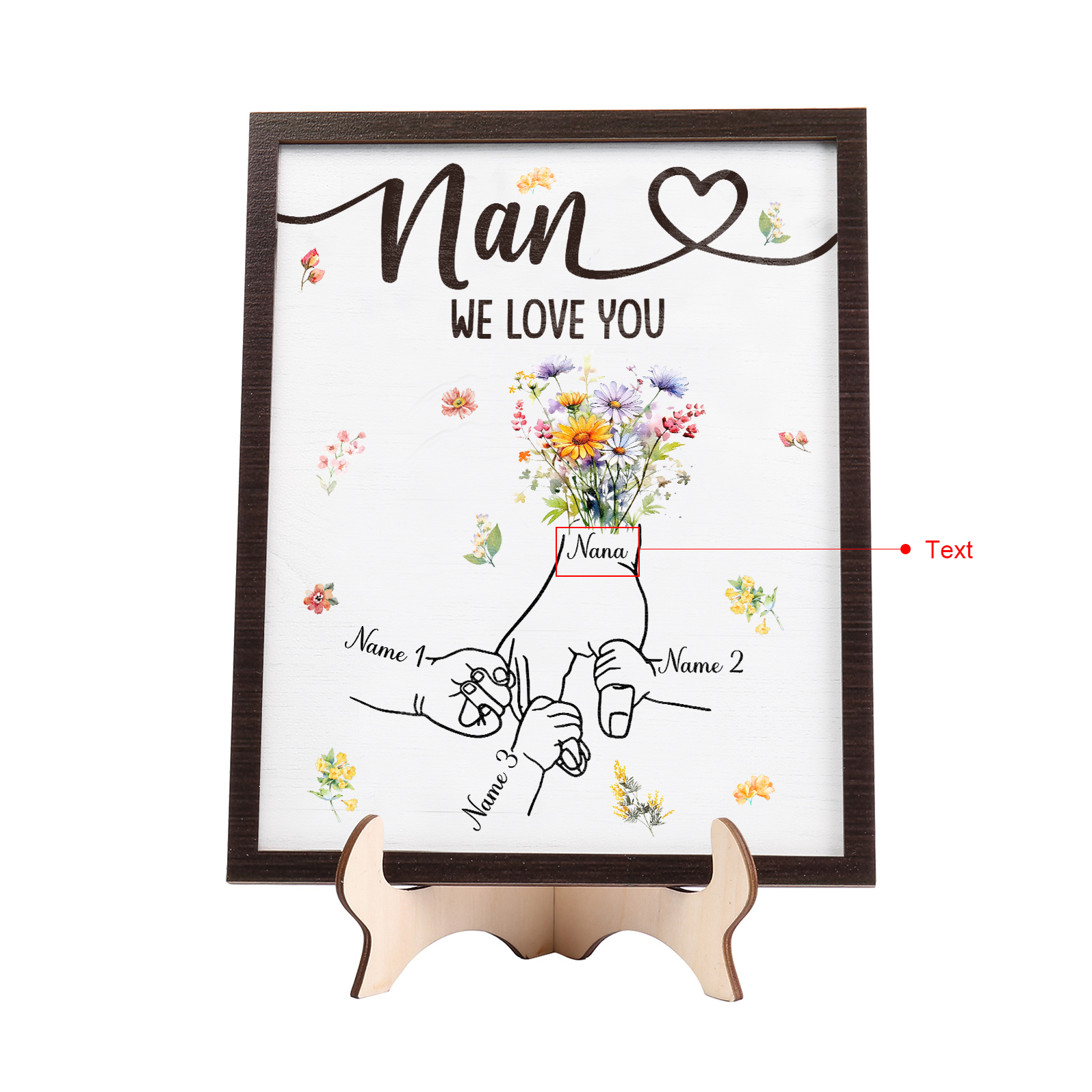Custom Wooden Hand-in-Hand Plaque for Mum – Personalised Mother's Day Gift with 1 Text & 3 Names | Jessemade