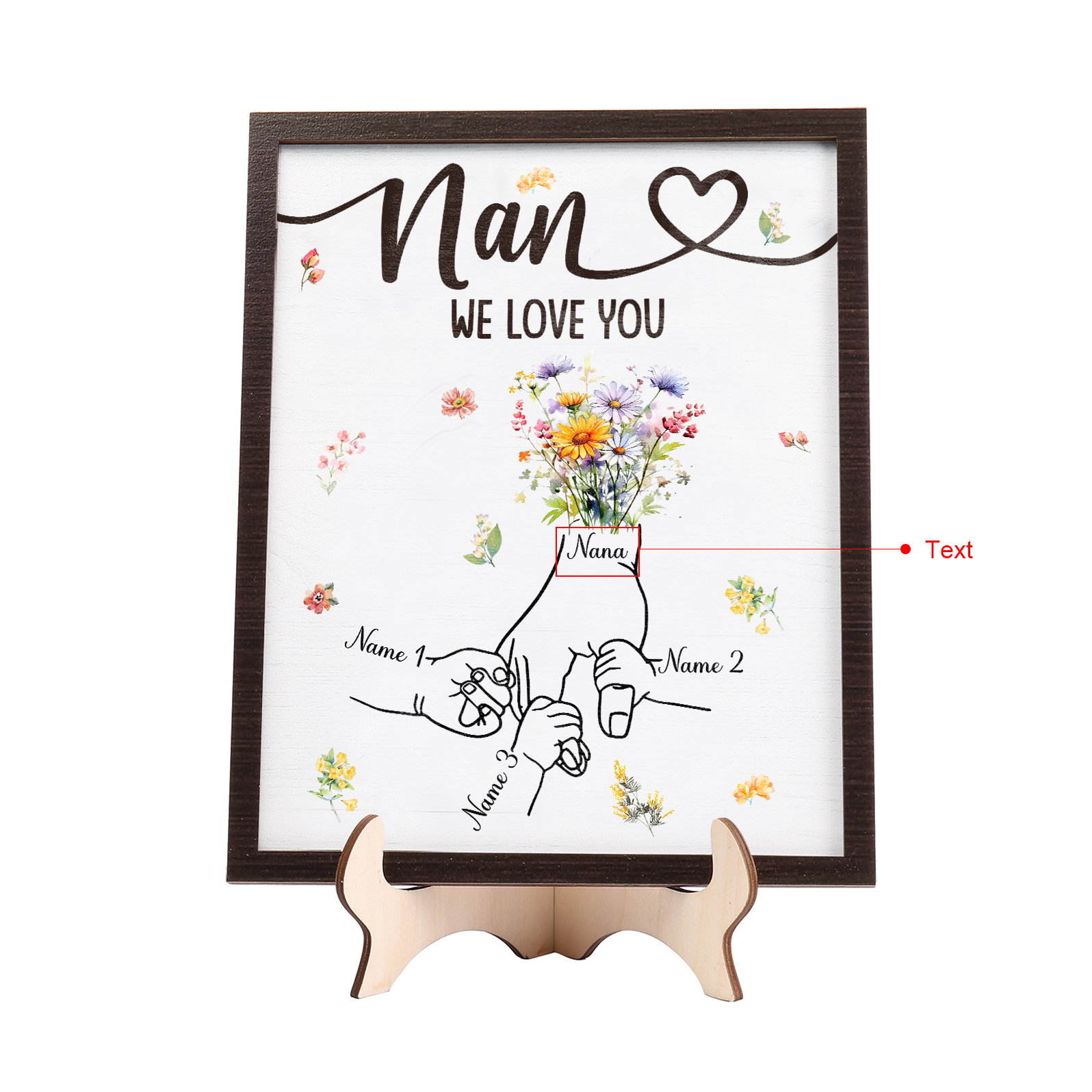 Custom Wooden Hand-in-Hand Plaque for Mum – Personalised Mother's Day Gift with 1 Text & 3 Names | Jessemade
