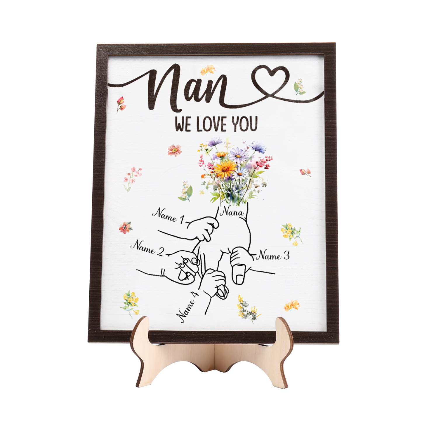 Custom Wooden Hand-in-Hand Plaque for Mum – Personalised Mother's Day Gift with 1 Text & 4 Names | Jessemade