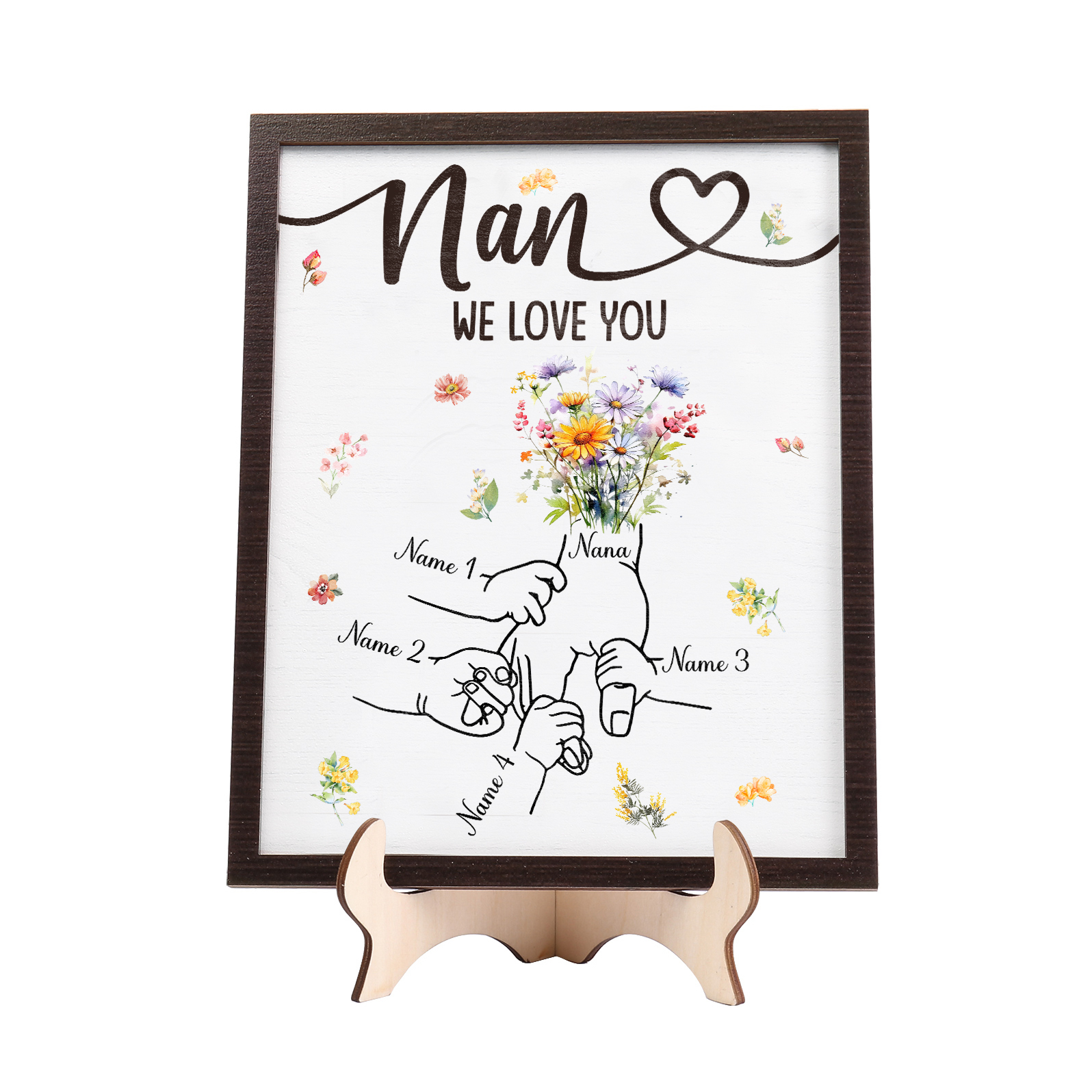Custom Wooden Hand-in-Hand Plaque for Mum – Personalised Mother's Day Gift with 1 Text & 4 Names | Jessemade