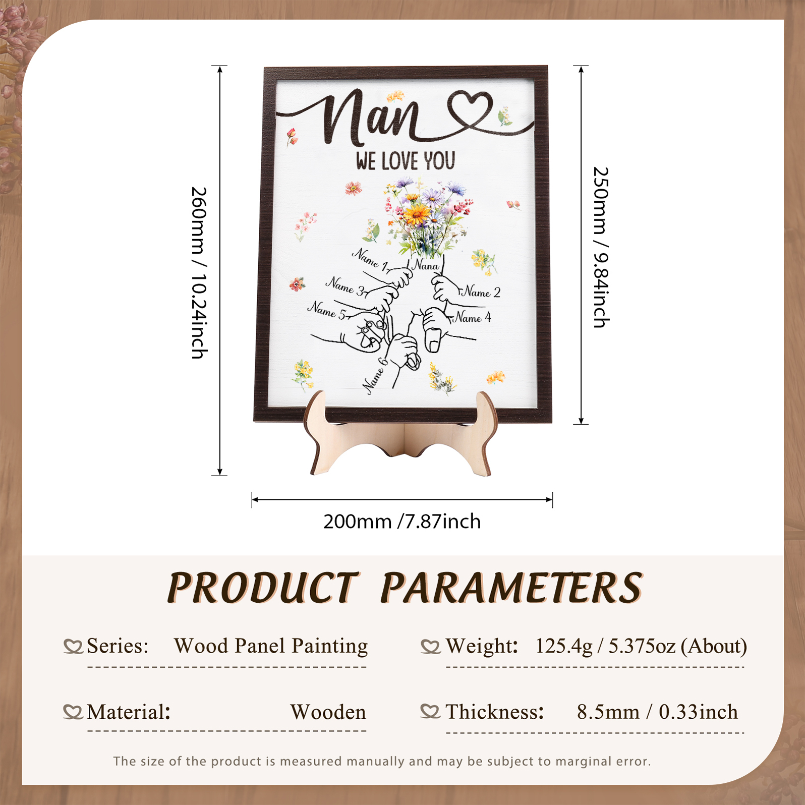 Custom Wooden Hand-in-Hand Plaque for Mum – Personalised Mother's Day Gift with 1 Text & 6 Names | Jessemade