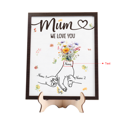 Custom Wooden Hand-in-Hand Plaque for Mum – Personalised Mother's Day Gift with 1 Text & 2 Names | Jessemade