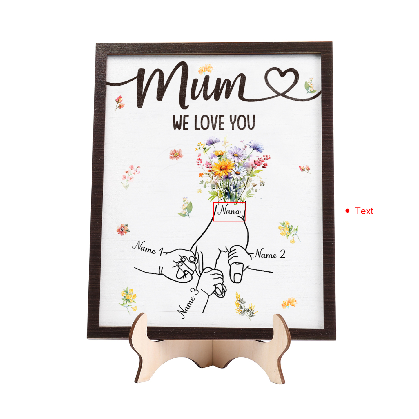 Custom Wooden Hand-in-Hand Plaque for Mum – Personalised Mother's Day Gift with 1 Text & 3 Names | Jessemade