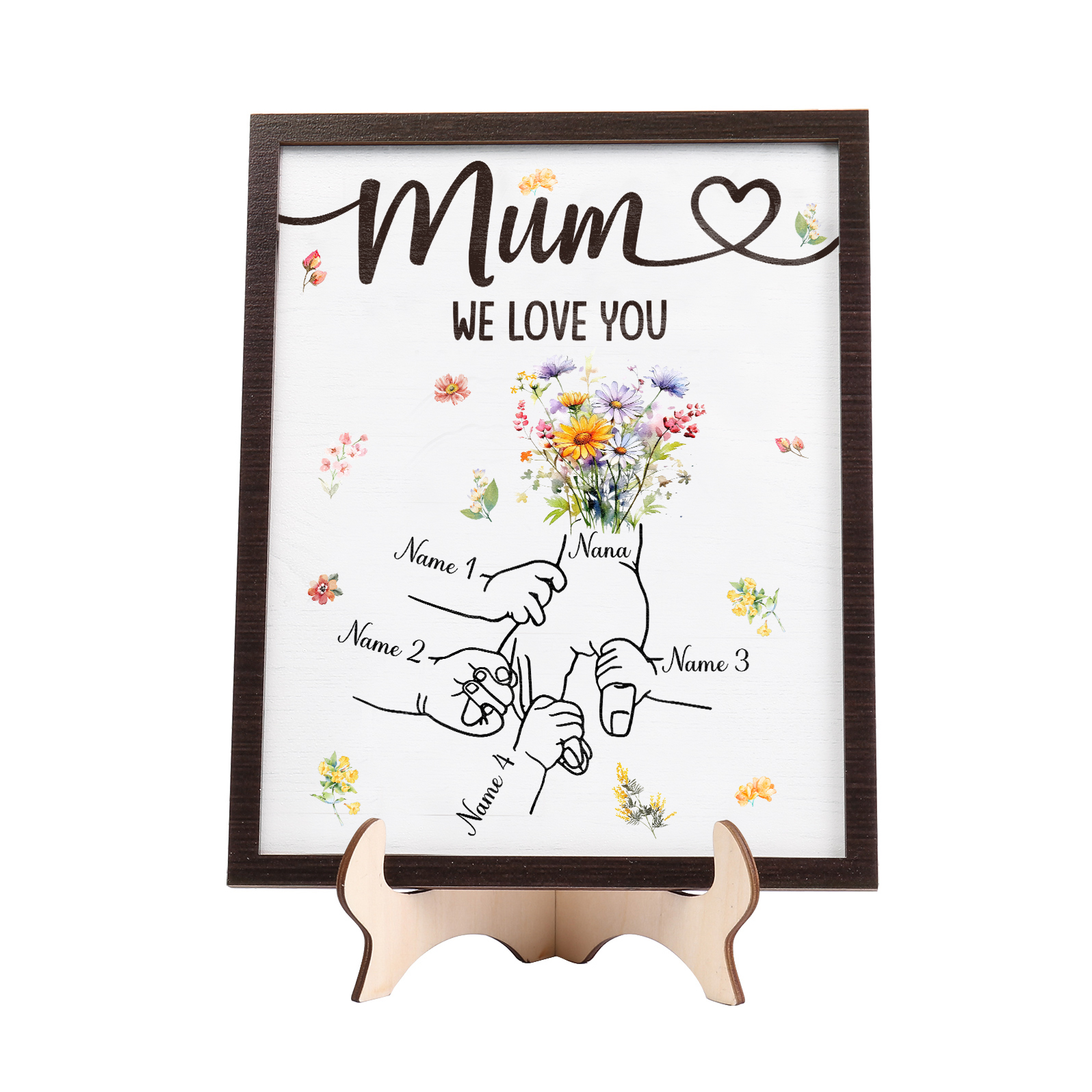 Custom Wooden Hand-in-Hand Plaque for Mum – Personalised Mother's Day Gift with 1 Text & 4 Names | Jessemade