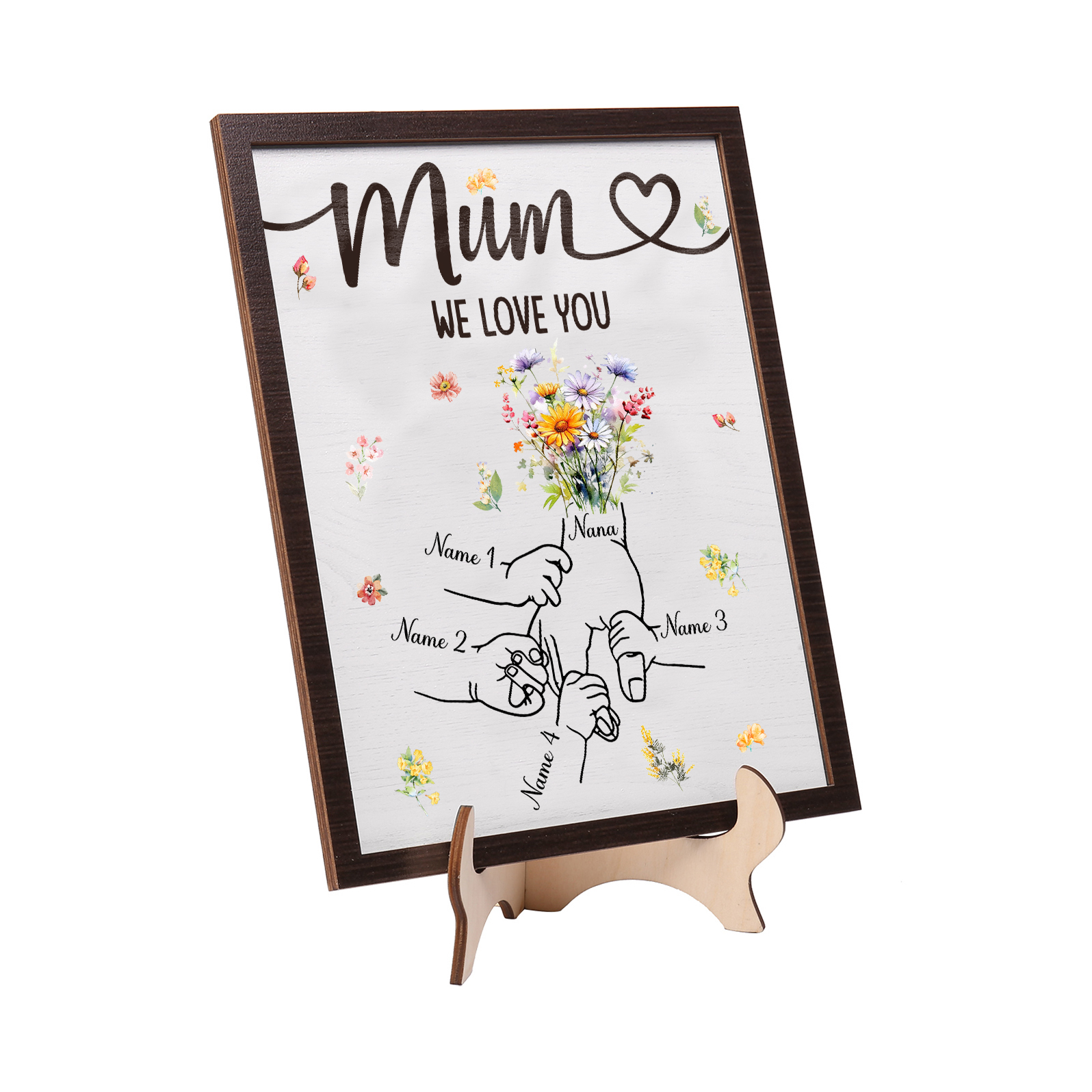 Custom Wooden Hand-in-Hand Plaque for Mum – Personalised Mother's Day Gift with 1 Text & 4 Names | Jessemade