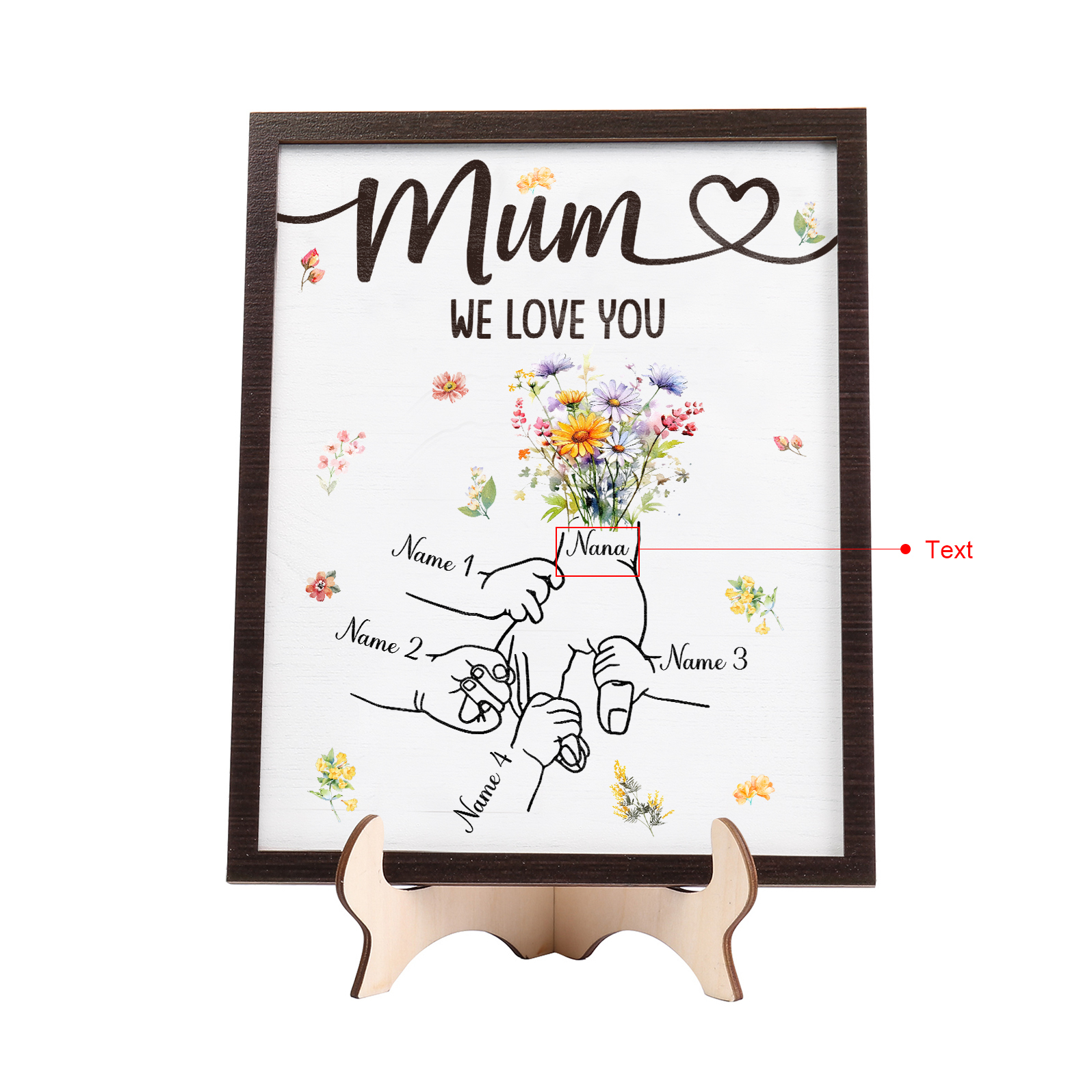 Custom Wooden Hand-in-Hand Plaque for Mum – Personalised Mother's Day Gift with 1 Text & 4 Names | Jessemade