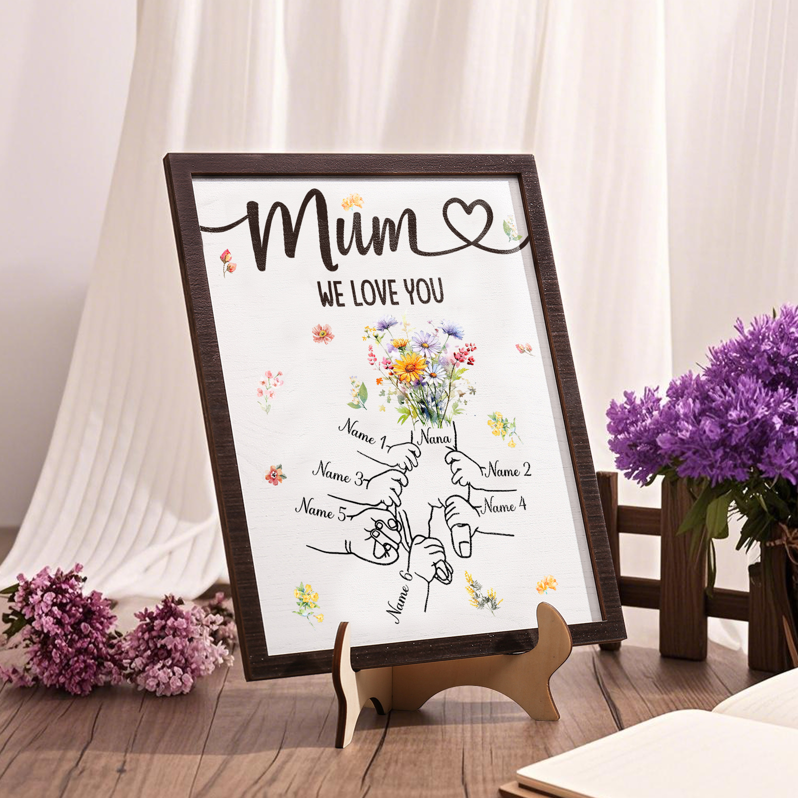 Custom Wooden Hand-in-Hand Plaque for Mum – Personalised Mother's Day Gift with 1 Text & 6 Names | Jessemade