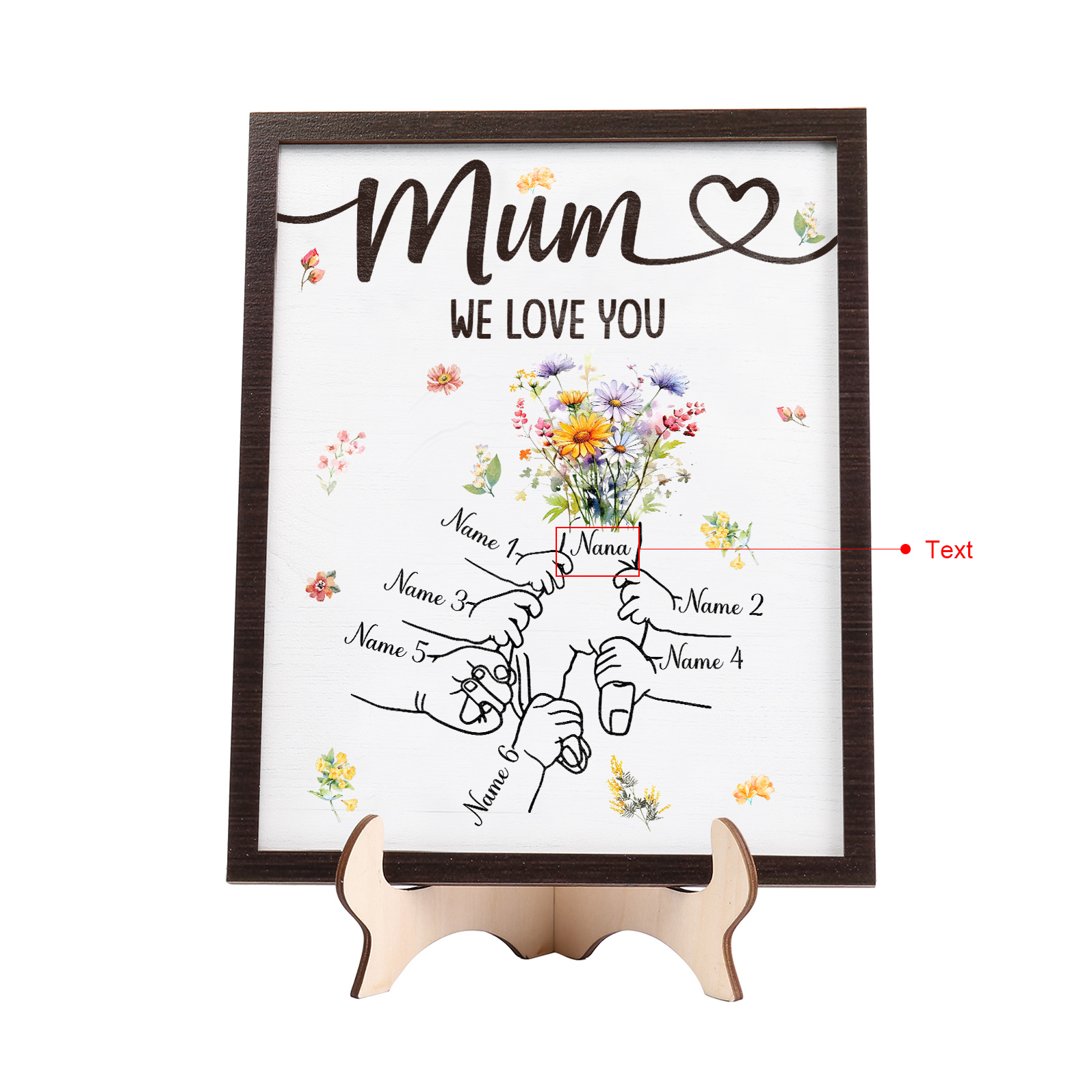 Custom Wooden Hand-in-Hand Plaque for Mum – Personalised Mother's Day Gift with 1 Text & 6 Names | Jessemade