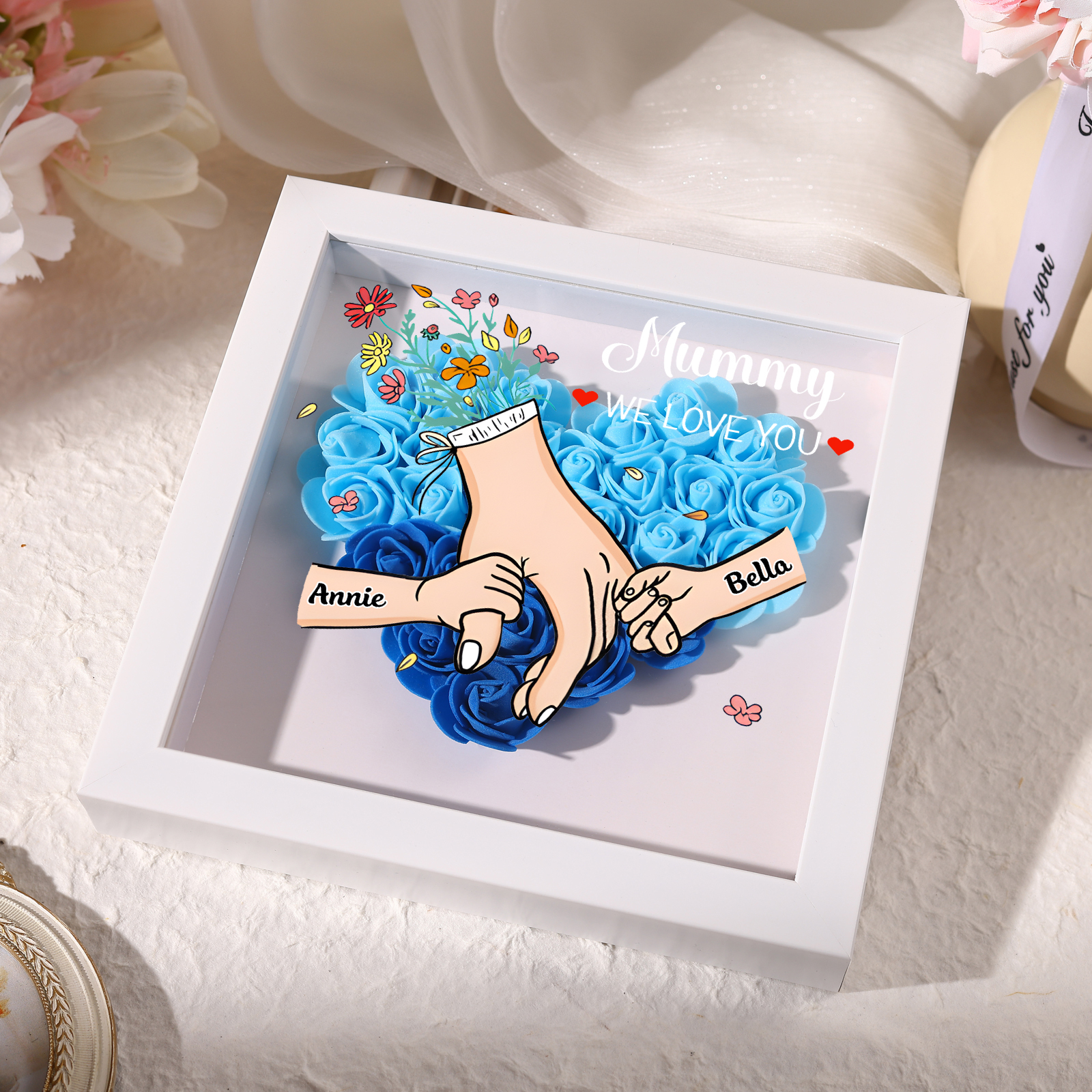 Custom Personalised Names Flower Frame – Hand-in-Hand Family Keepsake for Mum, Nan & Friends with 5 Colour Options | Jessemade