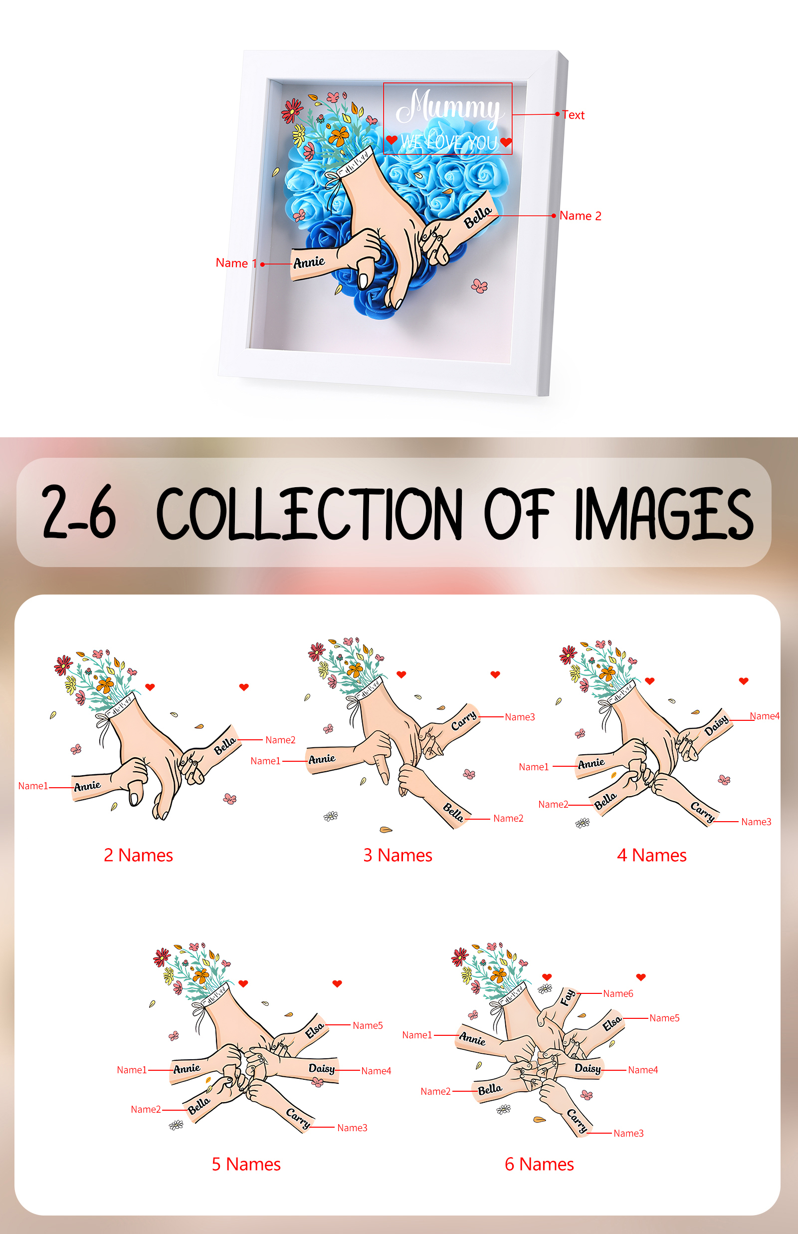 Custom Personalised Names Flower Frame – Hand-in-Hand Family Keepsake for Mum, Nan & Friends with 5 Colour Options | Jessemade