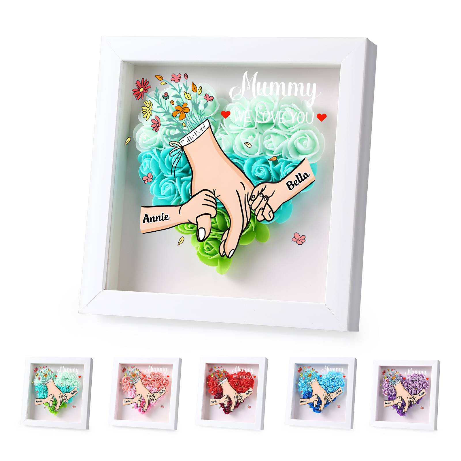 Custom Personalised Names Flower Frame – Hand-in-Hand Family Keepsake for Mum, Nan & Friends with 5 Colour Options | Jessemade