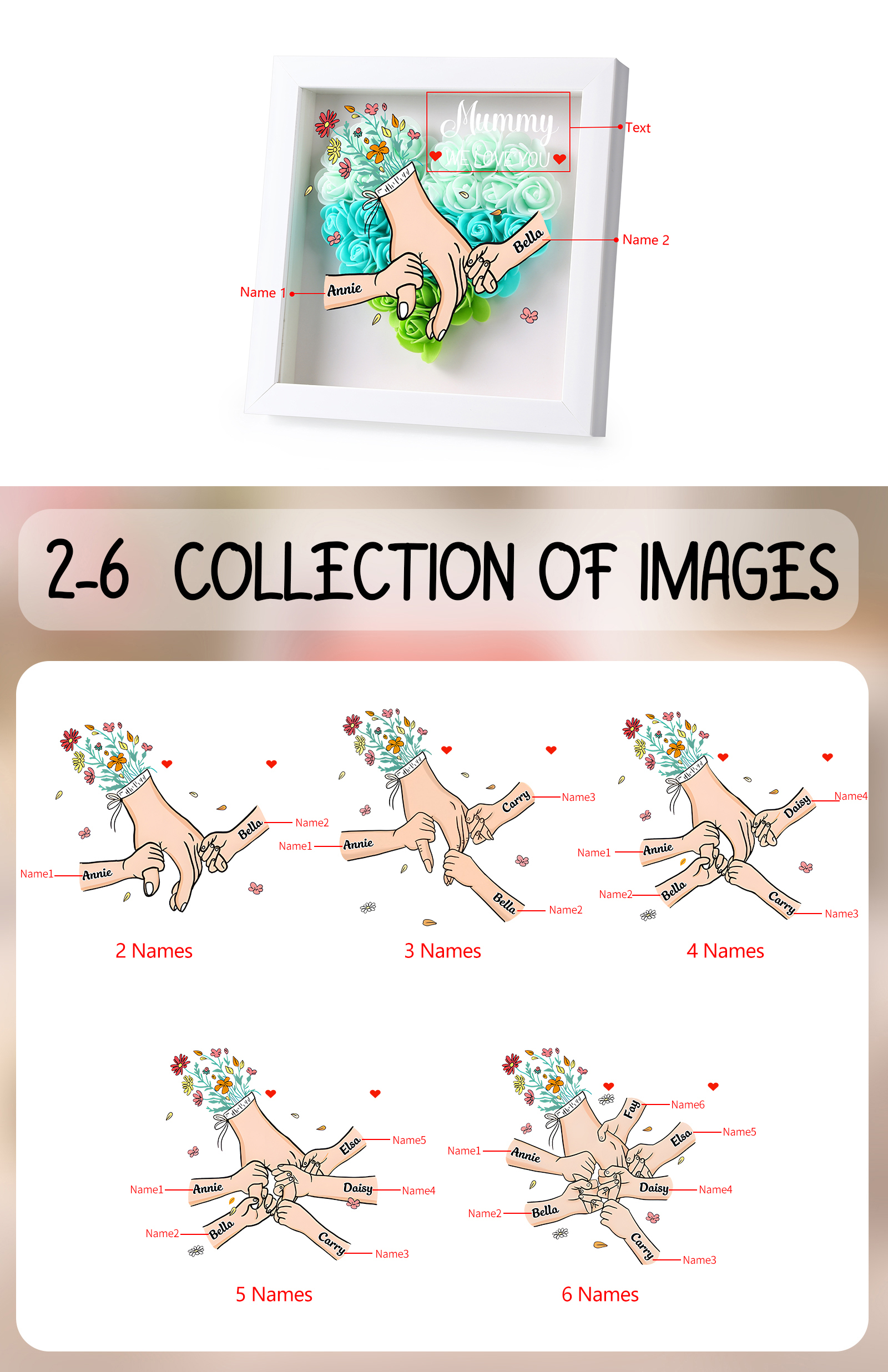 Custom Personalised Names Flower Frame – Hand-in-Hand Family Keepsake for Mum, Nan & Friends with 5 Colour Options | Jessemade