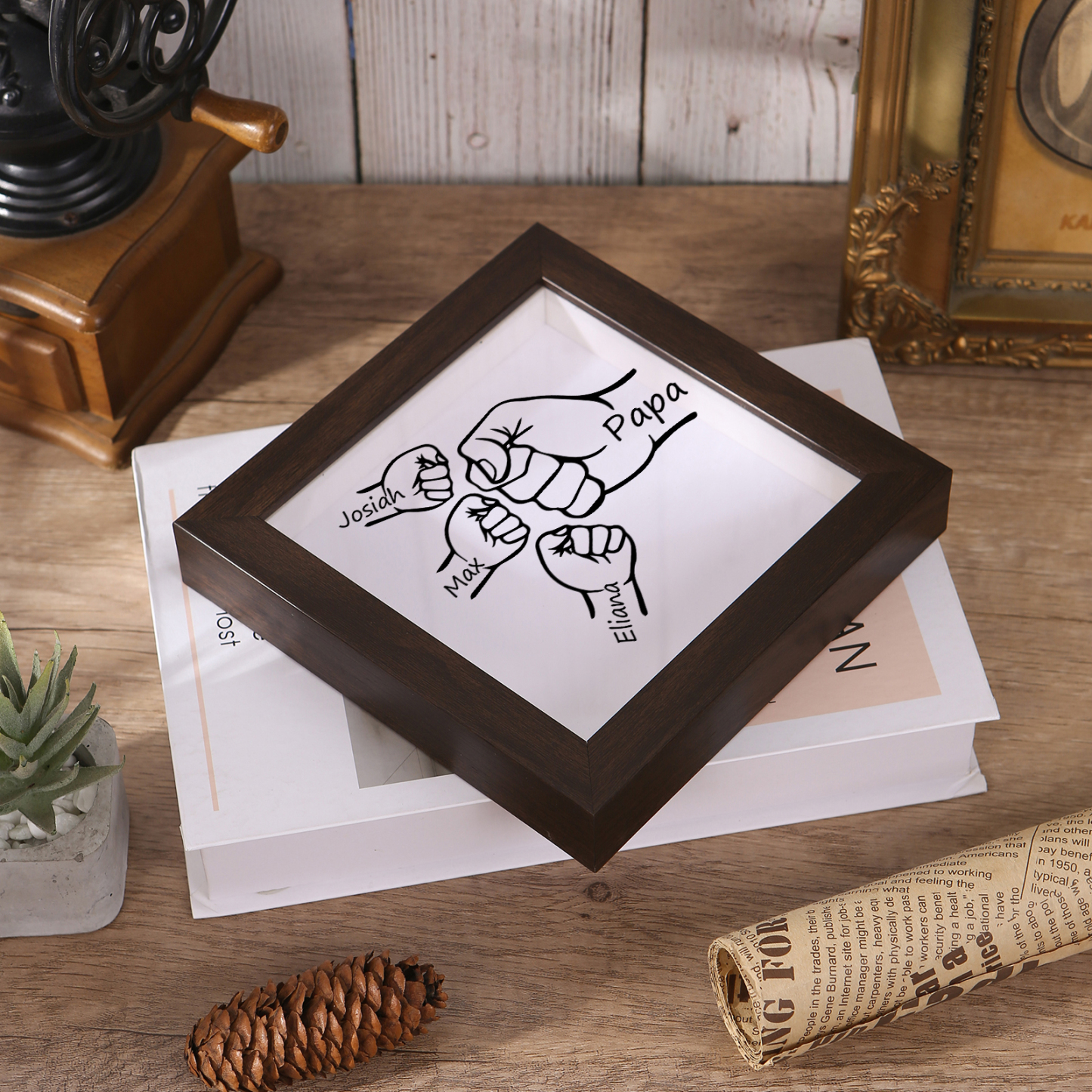 3 Names & 1 Text-Personalised Fist Bump Frame Wooden Ornament Custom Plaque Home Decoration for Father | Jessemade
